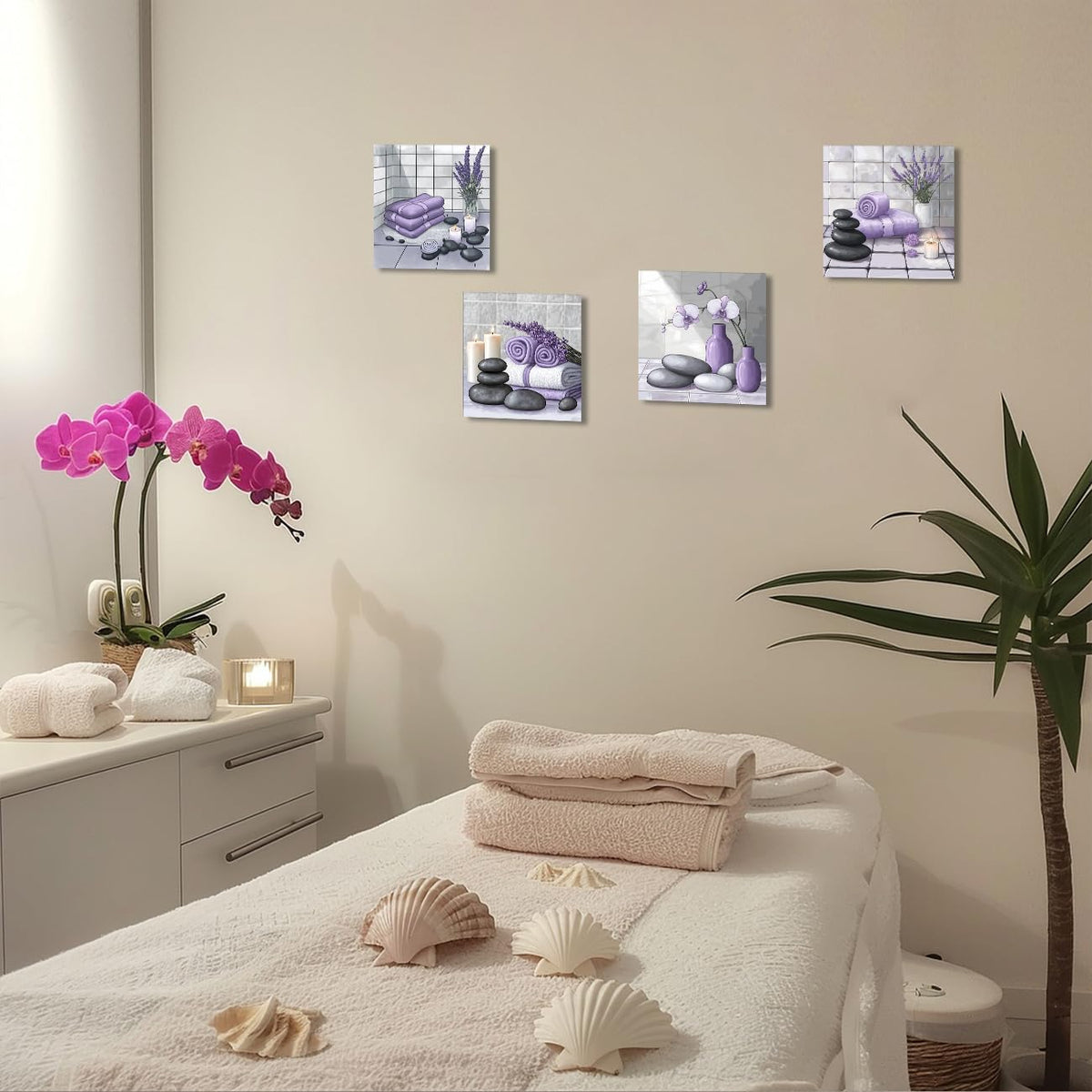 Zen Wall Art for Bathroom Decor Zen Stone & Orchid Still Life Pictures Bath Canvas Prints Zen Meditation Room Spa Wall Decor (20.00" x 20.00" x 4 / Purple)