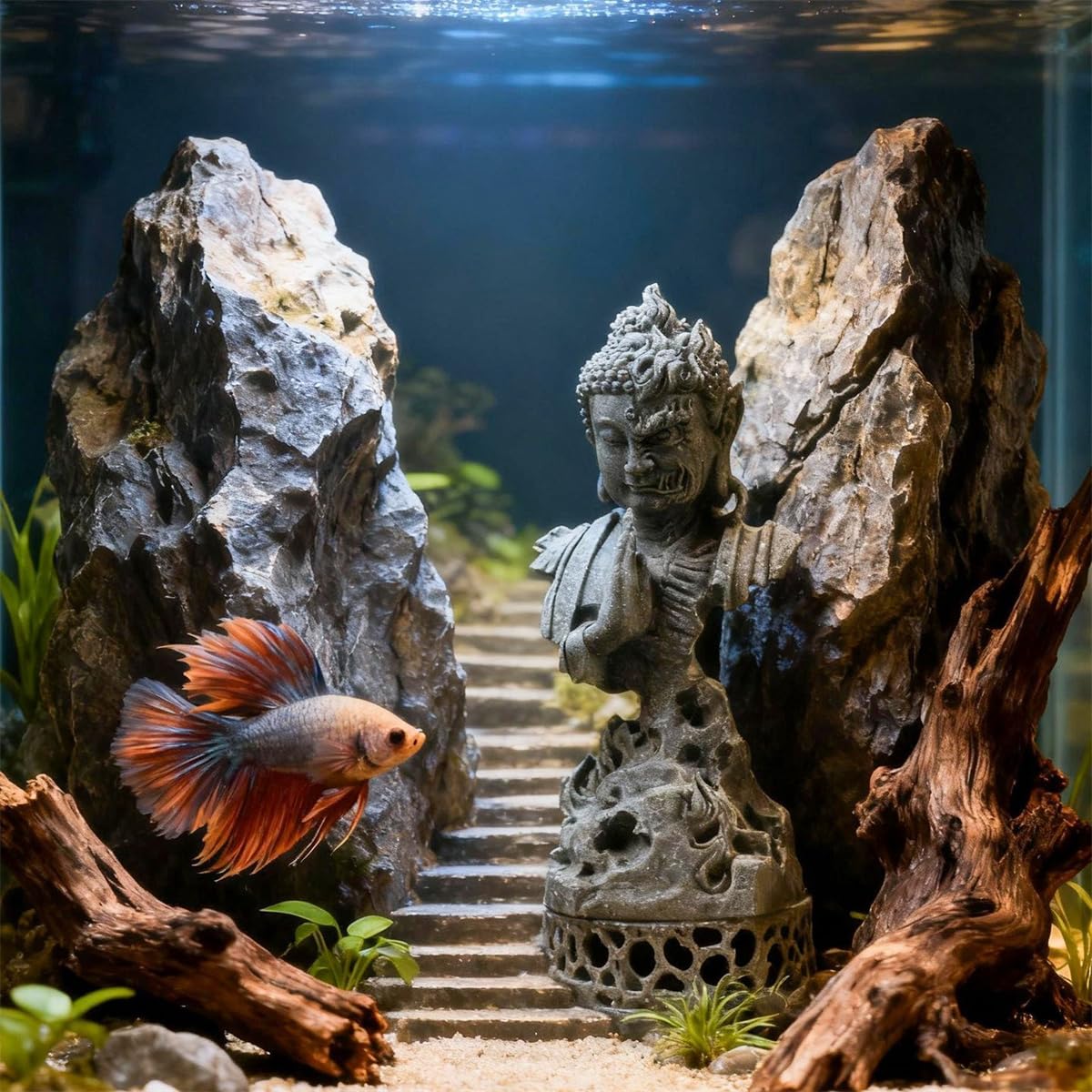 Meditating Buddha Statue Zen Garden Statues Sandstone Thinker Buddha Sculpture Figurine for Fish Tank Aquarium Home Decorations (CS)