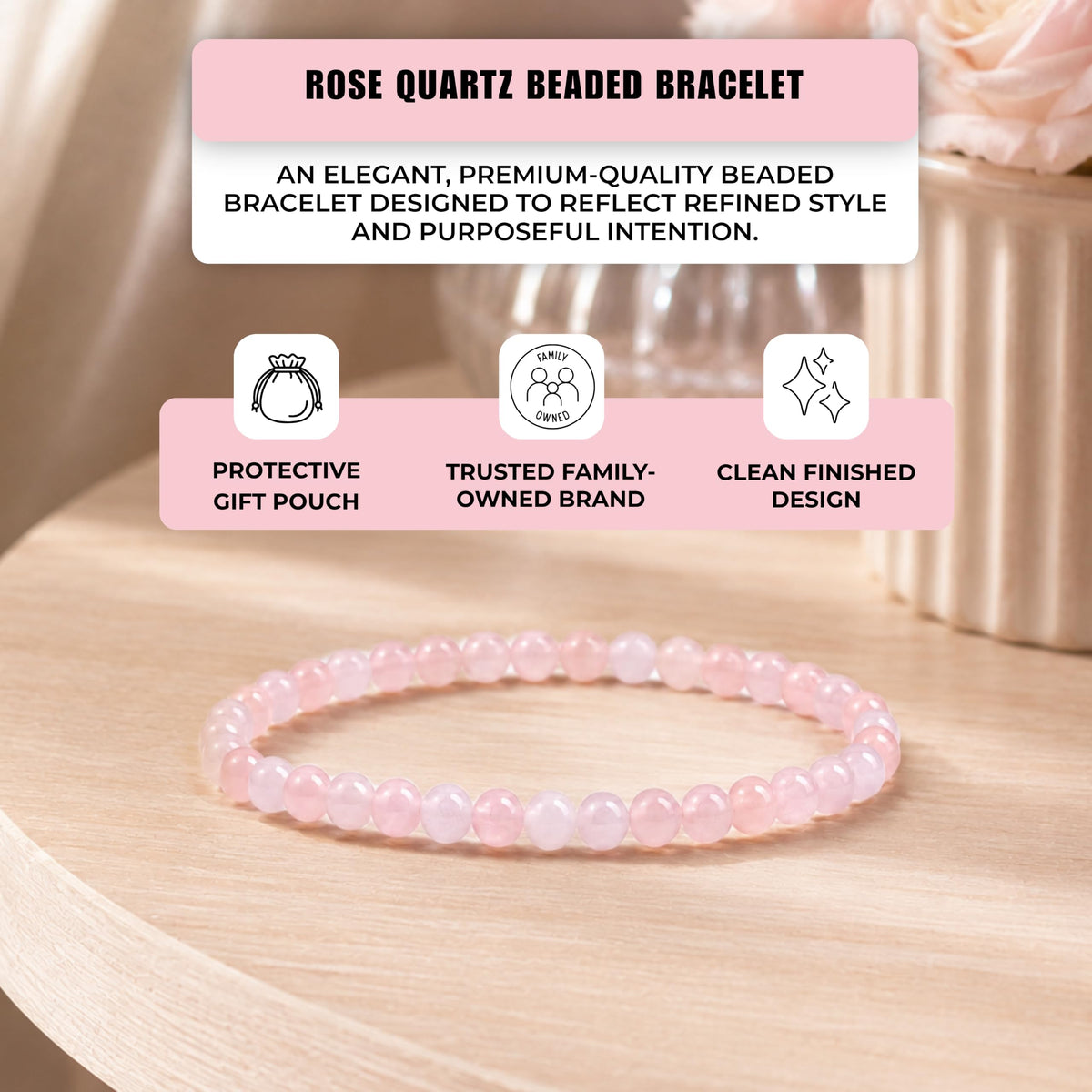 Rose Quartz Bracelet 4mm Beaded Bracelet (Rose Quartz / Small)