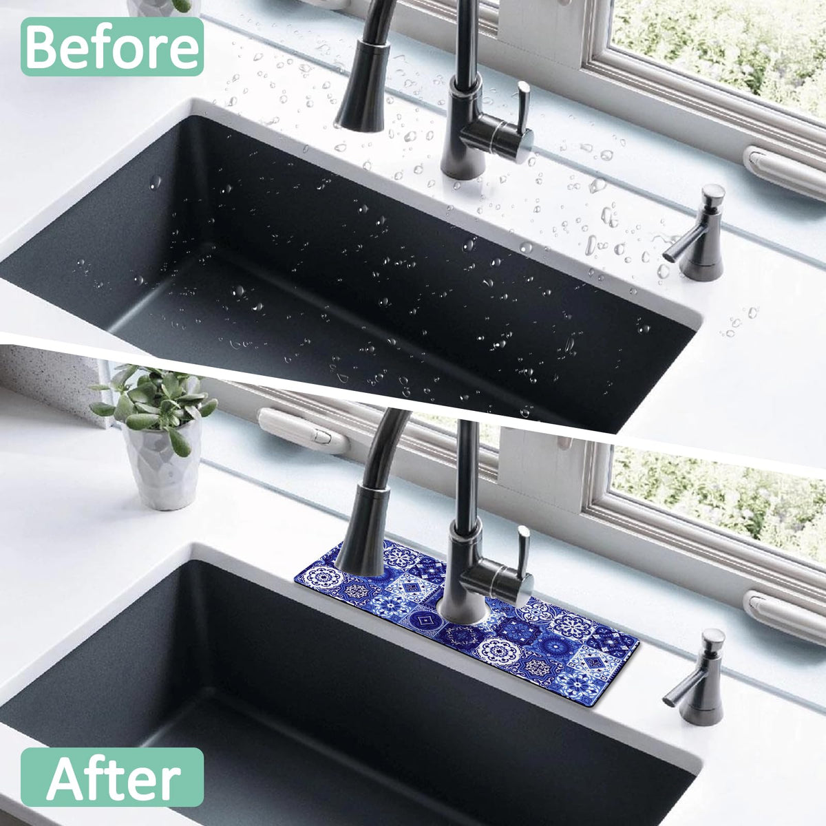Kitchen Sink Splash Guard Faucet Mat 15" X 5.5" Talavera Mexican Tiles Absorbent Fast Drying Mat Faucet Draining Mat Sink Splash Guard Behind Faucet Drip Catcher for Kitchen Bathroom (15*5.5in / tile02)