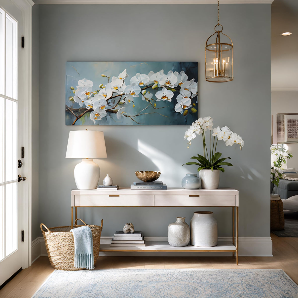 White Orchid Canvas Wall Art Floral Branch Painting Light Blue Background Flat Print Gallery Wrapped Botanical Artwork for Living Room Bedroom Bathroom Decor (Mysterious / White Orchid Blossom 30 / 40"L x 20"W)