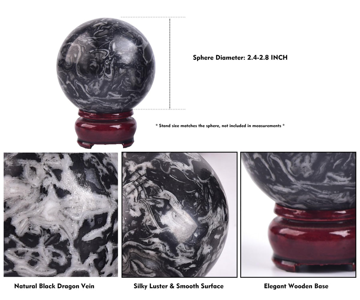 Crystal Sphere Dragon Vein Rugged Orb for Office Workspace (Black Dragon Vein / 2.4-2.8 IN)