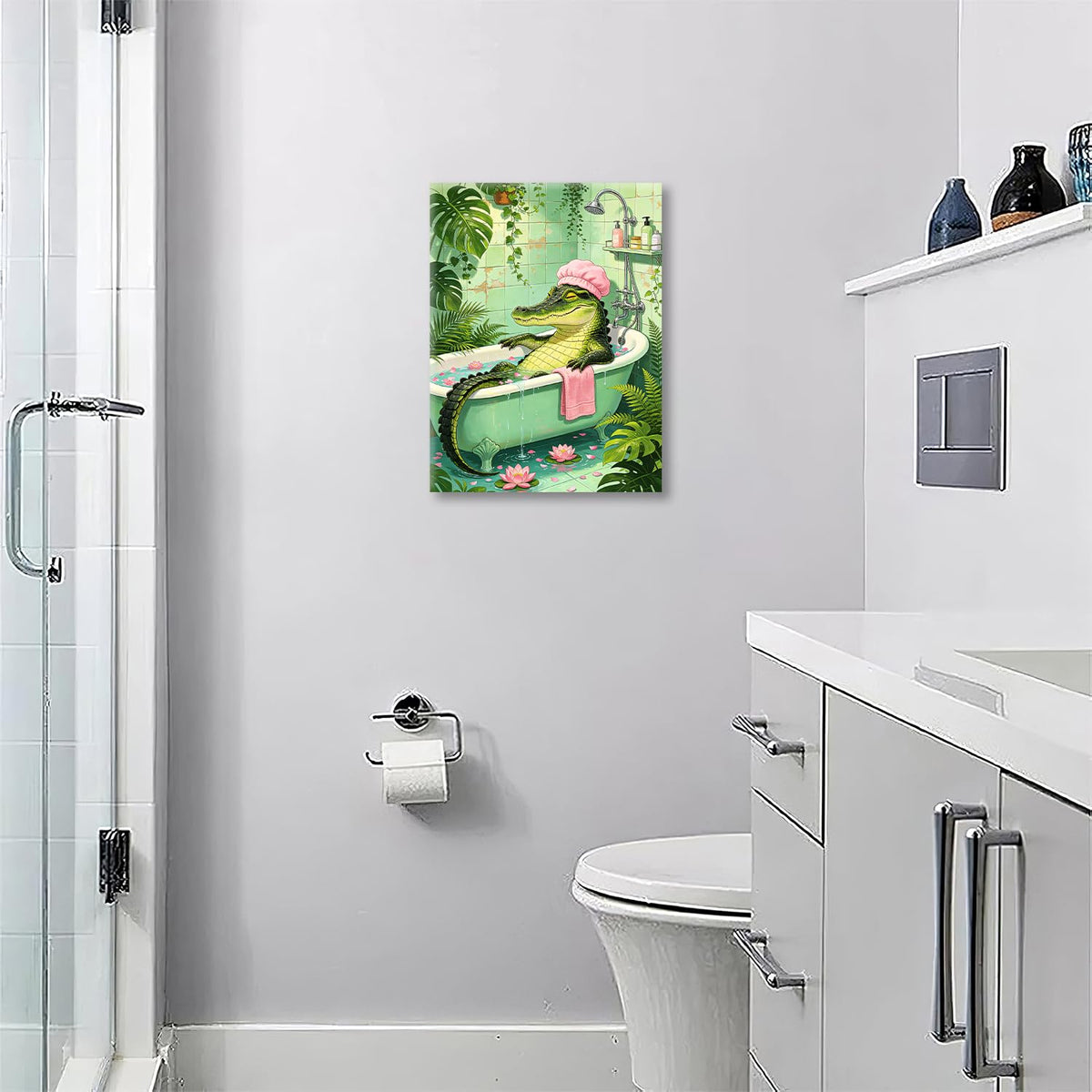 Bathing Crocodile Canvas Wall Art Funny Bathroom Framed ArtWork 16"x20" (Bathing Crocodile / 20"L x 16"W)