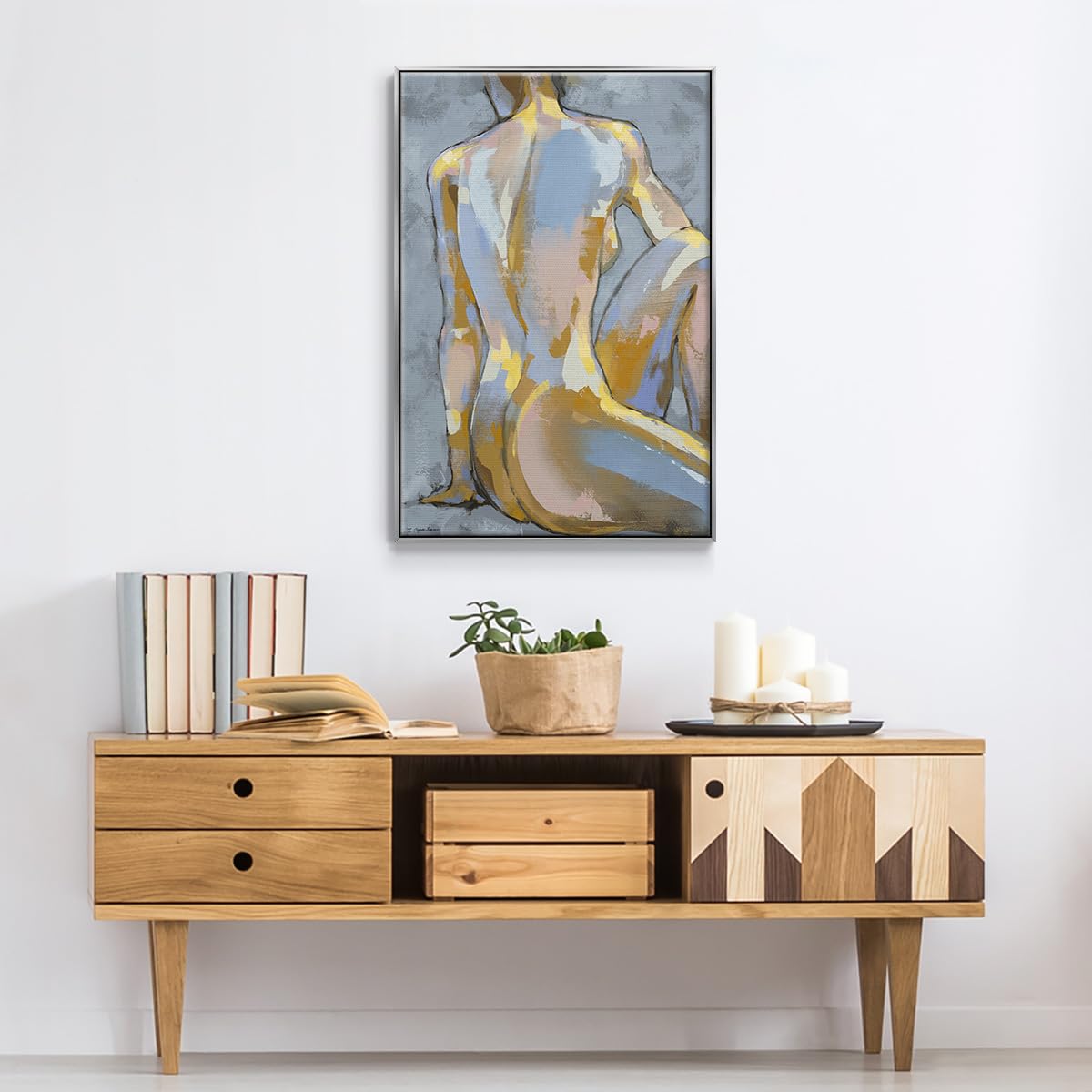 Canvas Glam Wall Art Home Paintings & Prints Elegant Lady Posing Portrait Abstract Silver Floater Frame Decorations for Office Kitchen Living Room (37"L x 25"W / Grey Maiden II)