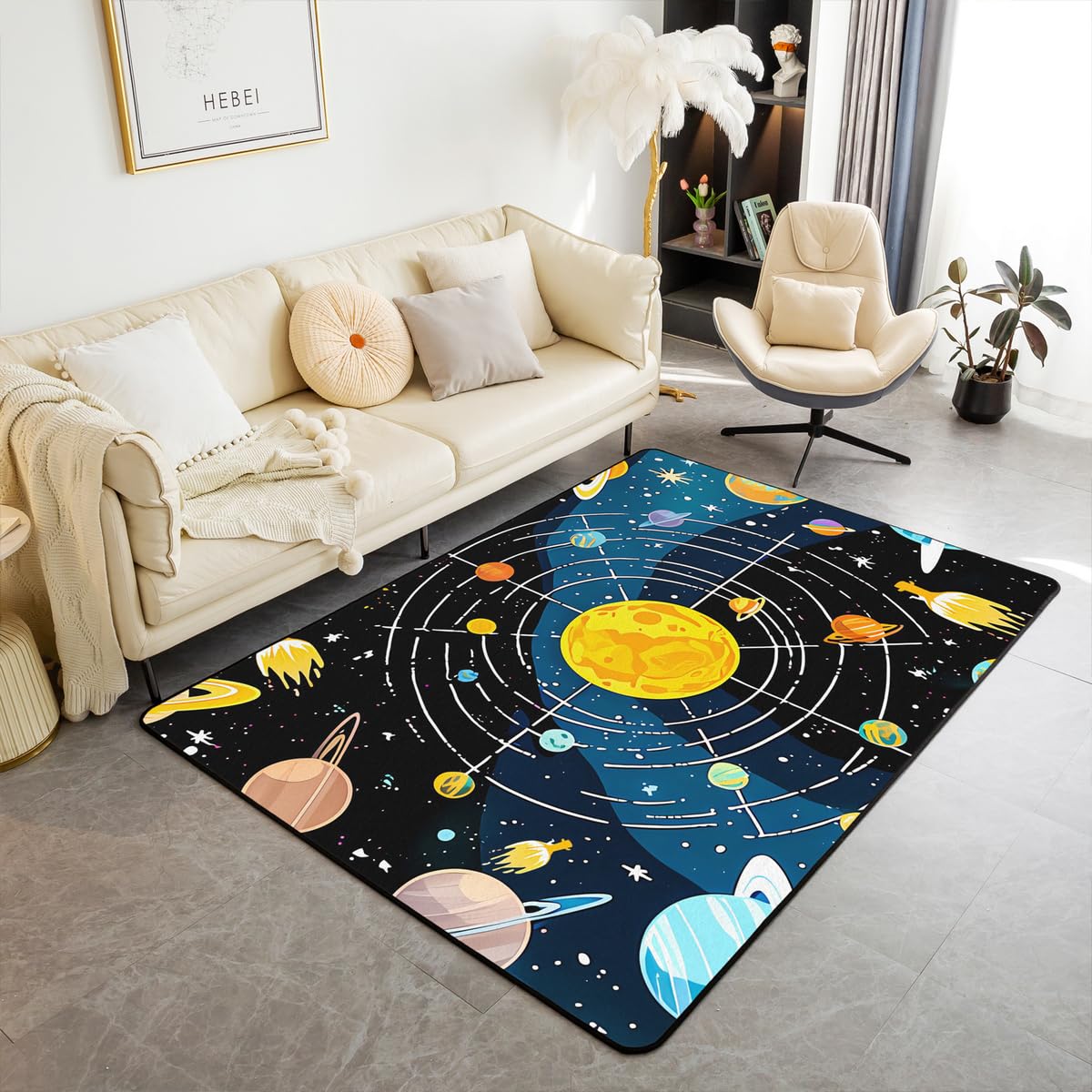 Outer Space 3 x 5 Area Rug Universe Solar System Rugs for Living Room (Orange Black Blue / 3'3" x 4'11" (Rectangular))