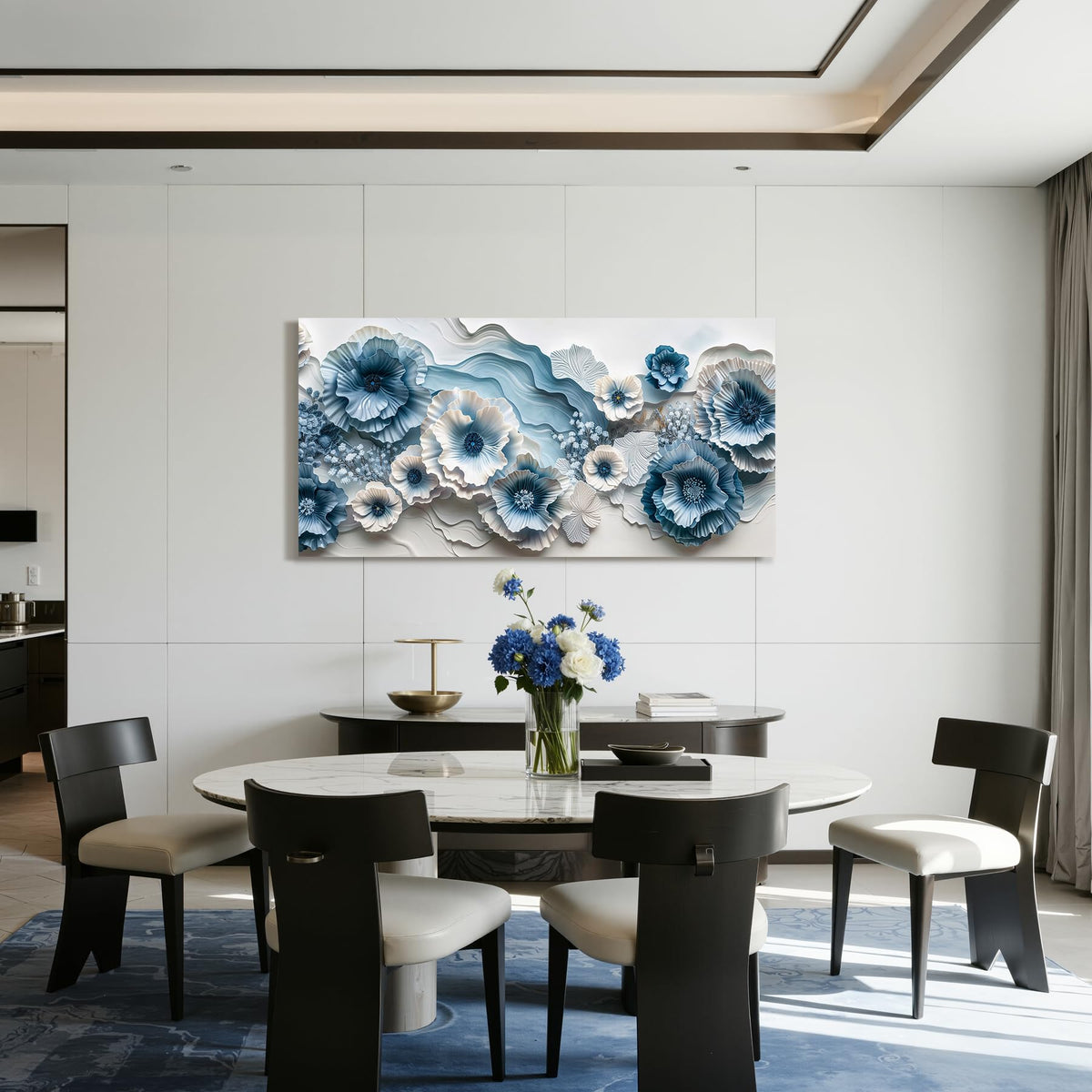Modern Large Flower Wall Art Blue and White Floral Painting Print (Blue and White Floral / 48"L x 24"W)