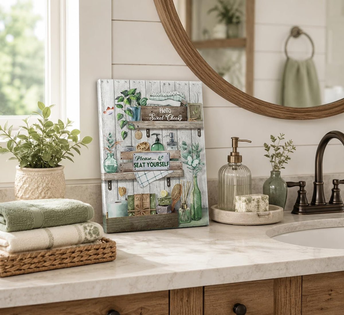 Sage Green Bathroom Canvas Wall Art 16x24Inches (Green Canvas / 24"L x 16"W)