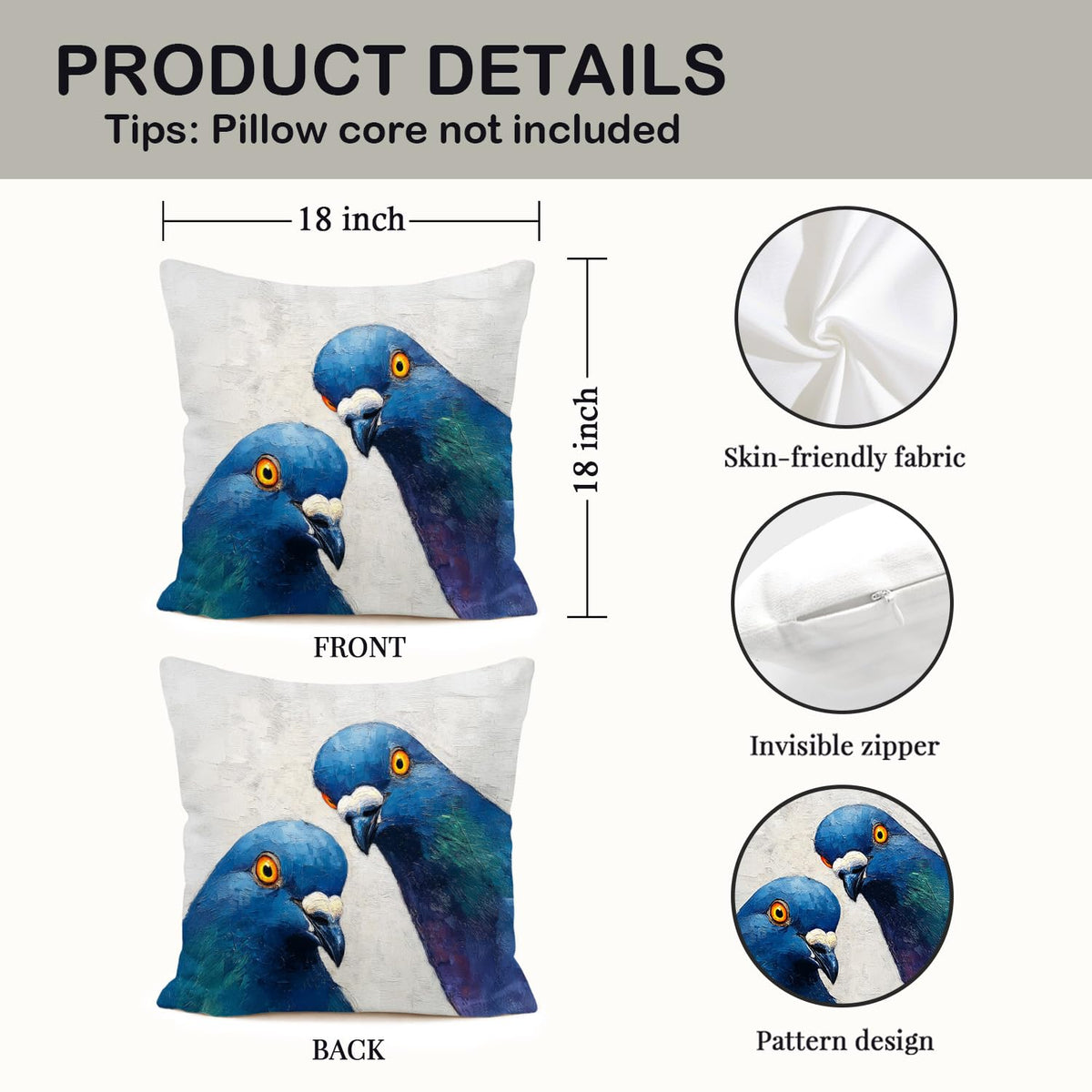 Funny Blue Pigeon Bird Pillow Cover 18x18 (White-bird 3)