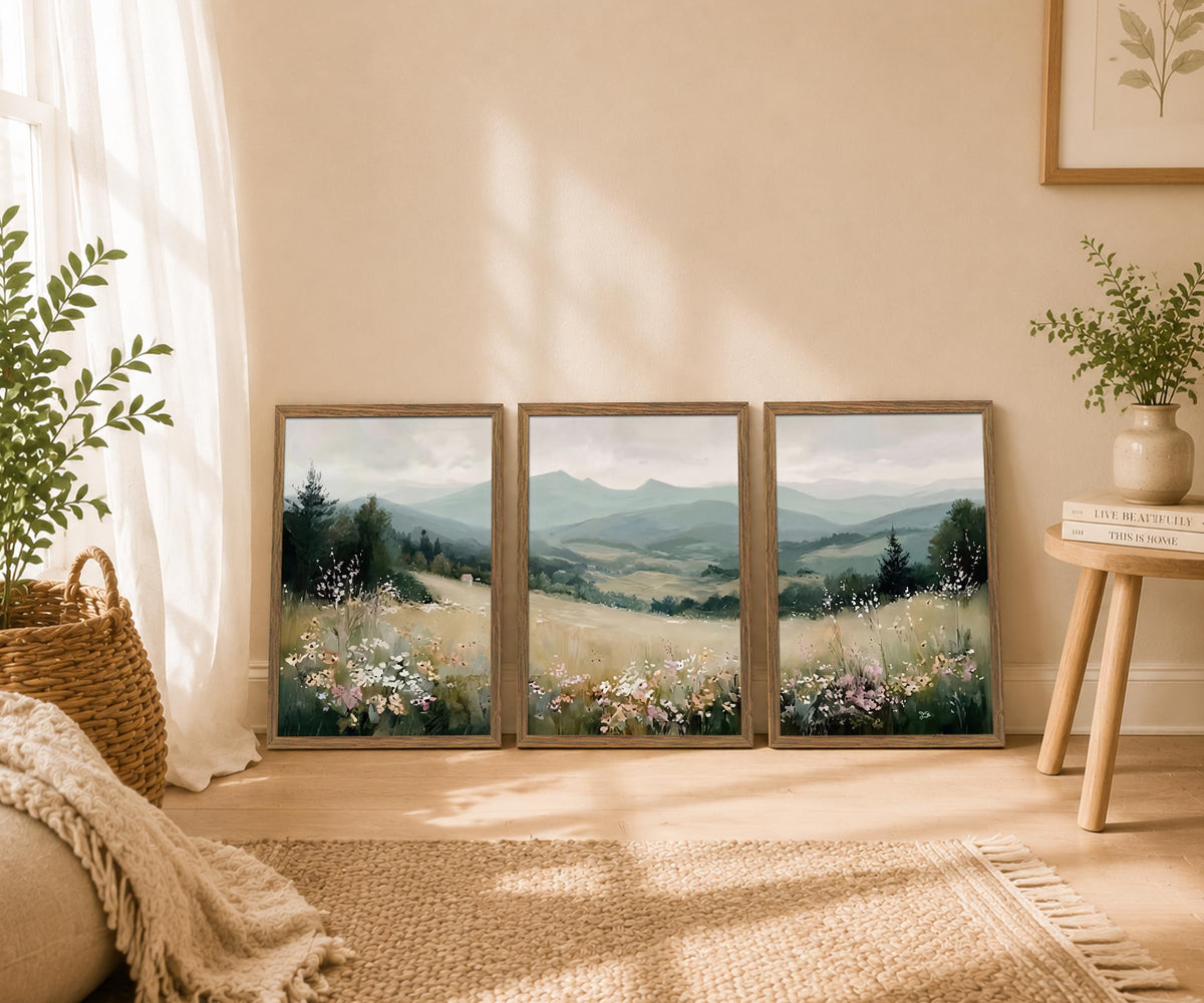 Minimalist Mountain Triptych Wall Art Set of 3 (MountainFlower / 16x24 Inch)