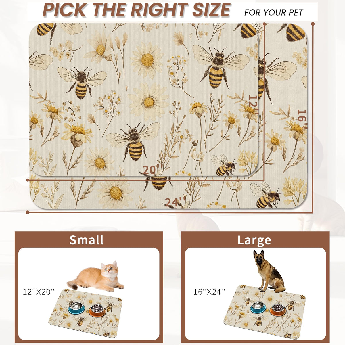 Bees Boho Daisy Floral Dog Food Mat for Floors (20"L x 20"W / Bees Boho Daisy Floral)