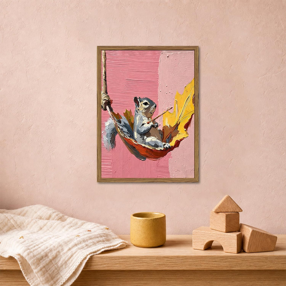 Cute Squirrel Wall Art Funny Woodland Animal Wall Decor Picture Whimsical Squirrel in Leaf Hammock Canvas Painting Print for Bedroom Living Kids Room Nursery 24x16 inch Wood Framed (Animal-A / 24"L x 16"W)