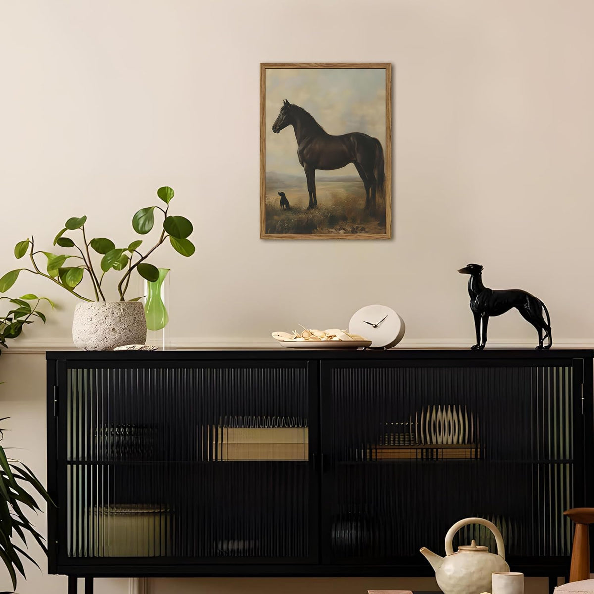 Vintage Black Horse Wall Art Cottagecore Horse and Dog Wall Decor Painting (Animal-F / 16"L x 12"W)