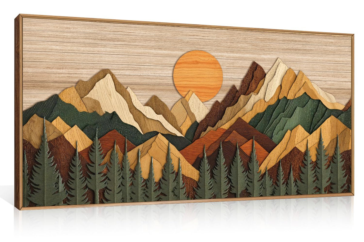 Boho Woodcut Style Mountain Framed Canvas Wall Art Set (Wooden Mountain Wall Art / 40"L x 20"W)