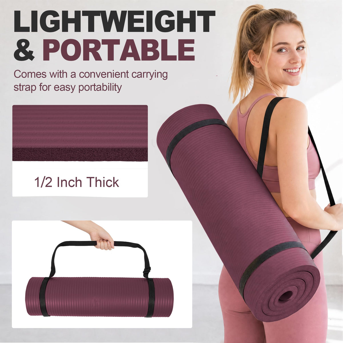 1 2" Thick Yoga Mat (Burgundy / 71"L x 24"W x 0.5"Th)