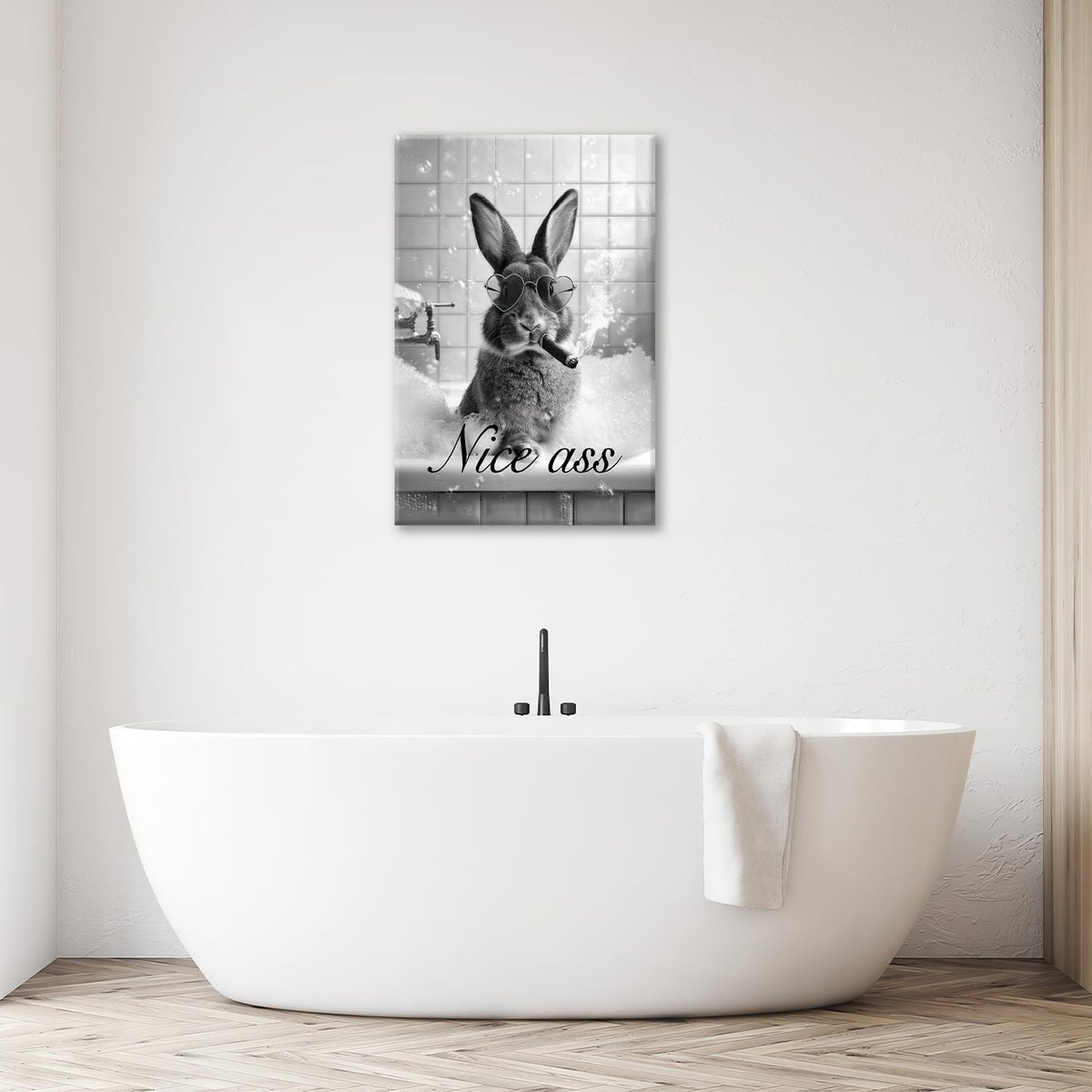 Funny Rabbit Bathroom Wall Art Black And White Bunny Bathtub Canvas Wall Decor Pictures Paintings Prints Artwork Framed Decorations For Bedroom Living Room Gifts 16" x 24" (Rabit / 24"L x 16"W)