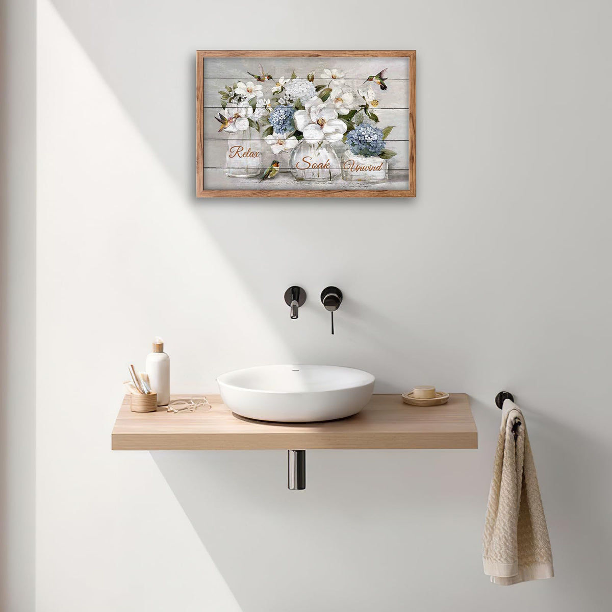 Bathroom Framed Wall Art Farmhouse Hummingbird White Floral Pictures Wall Decor Relax Soak Unwind Bathroom Sign Canvas Painting Artwork Home Decorations 24"x16" (Hummingbird Floral / 24"L x 16"W)