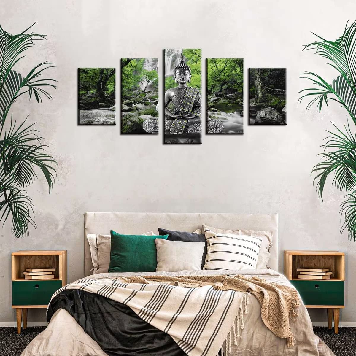 Buddha Wall Art Canvas Painting Framed 5 Panels for Living Room Decoration Modern Landscape Buddha Waterfall Trees Zen Stretched Artwork Giclee (Green / 60"x30")