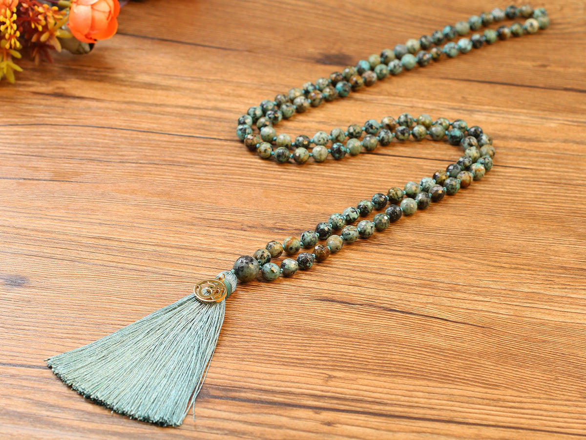 OM Charm Hand Knotted Tassel 108 Mala Beads African Turquoise Stone Beaded Necklace 8mm (8mm / Faceted African Turquoise)