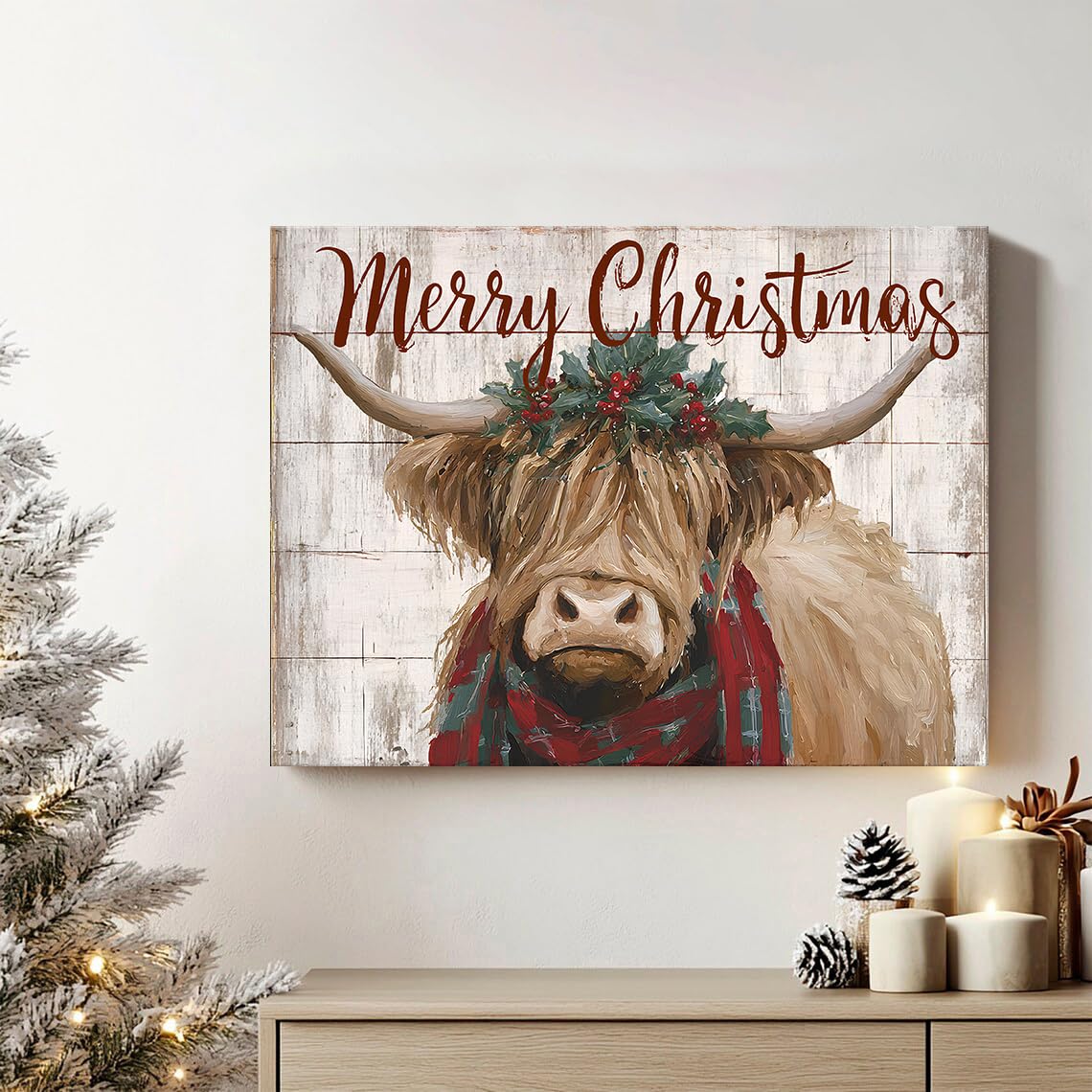 Christmas Highland Cow Wall Art Merry Christmas Sign Poster Rustic Farmhouse Cow Pictures Wall Decor Rustic Wood Grain Farm Animal Canvas Prints Artwork for Kitchen Dining Room Home Decoration 12x16" (16"L x 12"W / Xmas Cow)