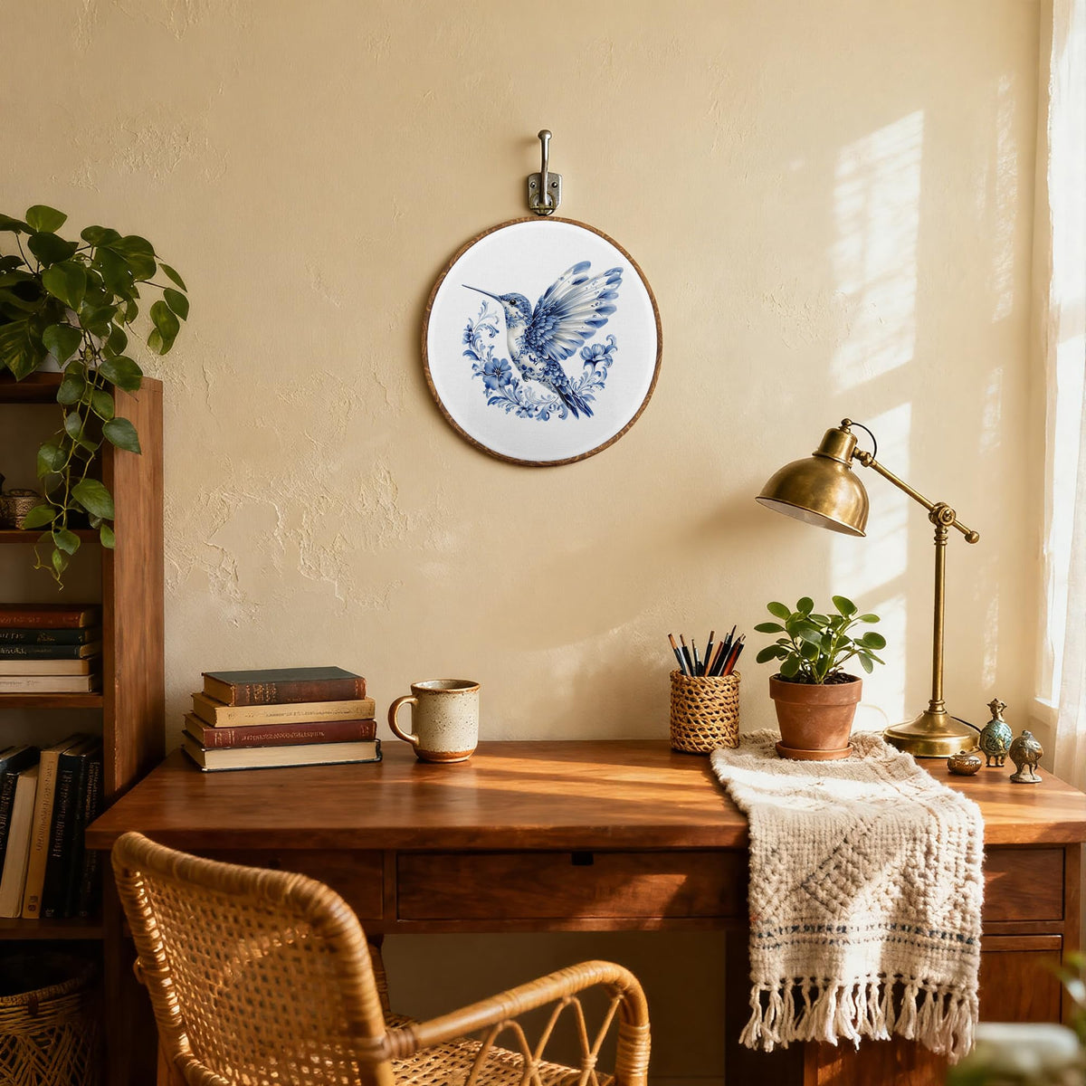 Blue and White Chinoiserie Hummingbird Round Wall Art (29Child)