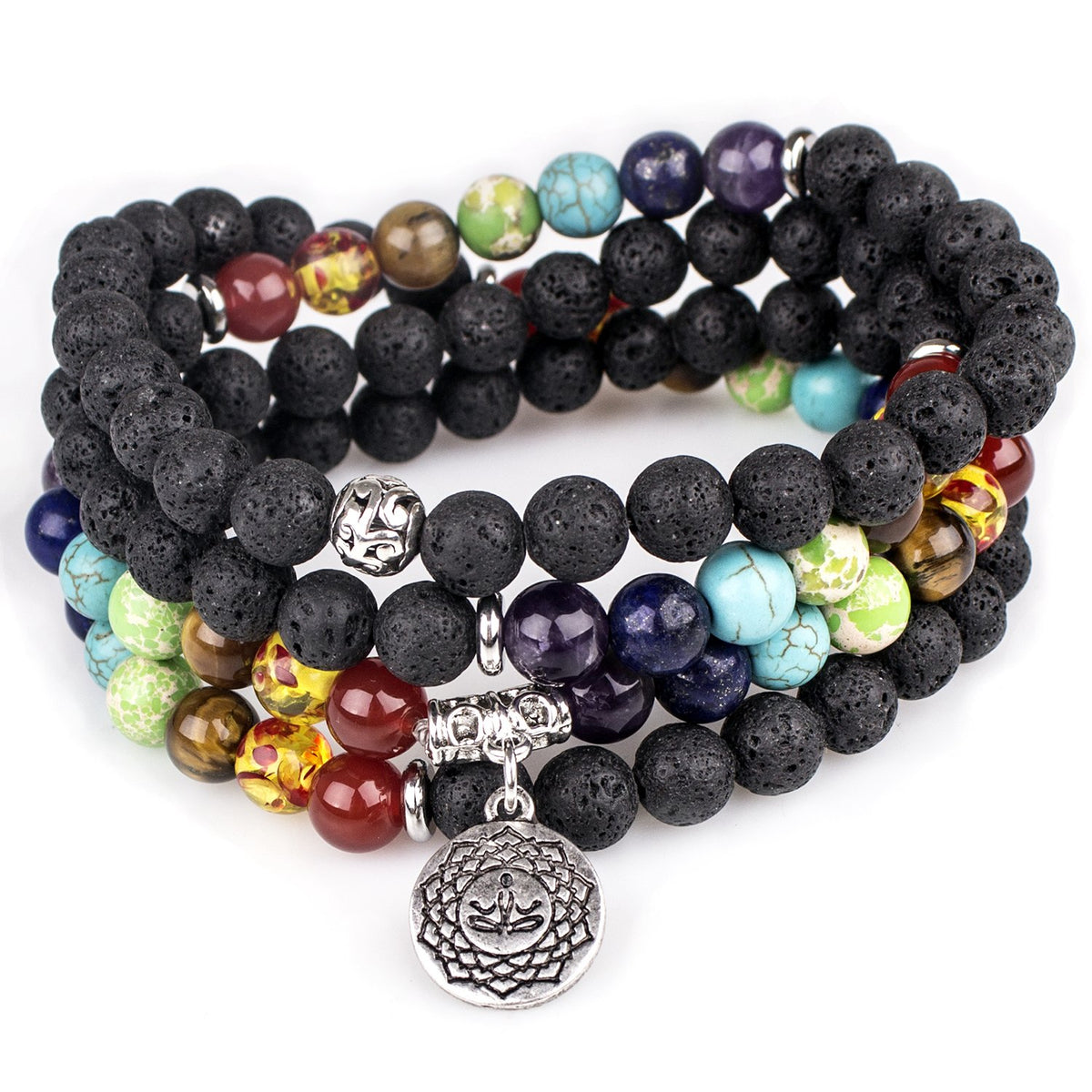 Necklace 108 Mala Beads Bracelet Buddhist Prayer Pendant Necklace (Lava-OM Buddha)