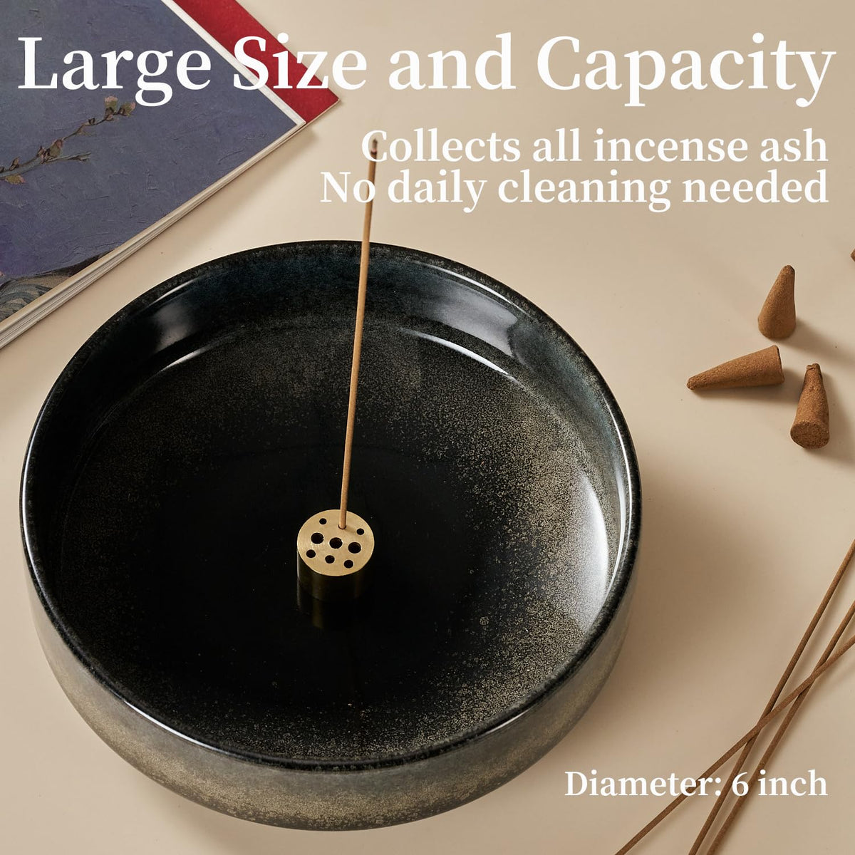6" Thickened Ceramic Incense Holder Burner Bowl for Sticks with 10 Holes (Black)