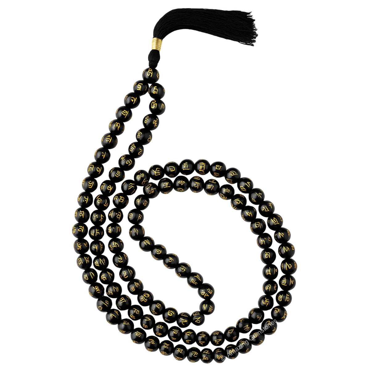 Om Mani Padme Hum Black Agate Mala Saadi (Om Mani Padme Hum (Black Agate) / Plain)
