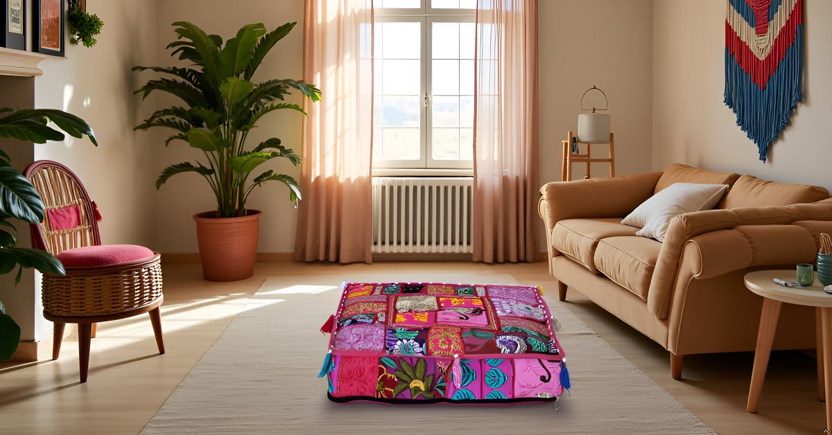 Indian Square Patchwork Traditional Pouf Cover Indian Living Room Poufs Decorative Embroidered Designer Ottoman Home Living Footstool Chair Cover Decor Pillow Cover 16x16x5 inches (16"D x 16"W x 5"H / Pink)