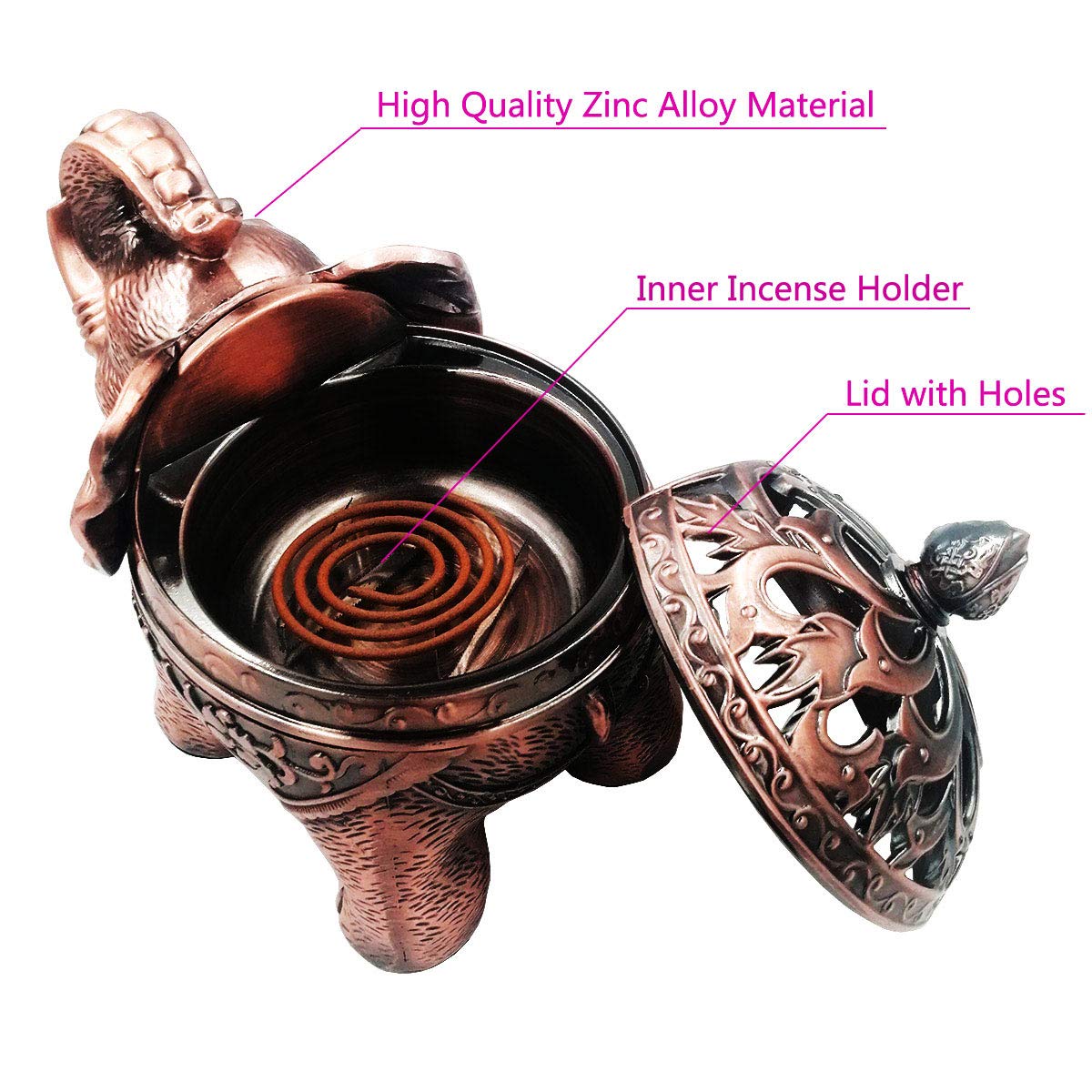Metal Elephant Incense Holder (Red Copper)