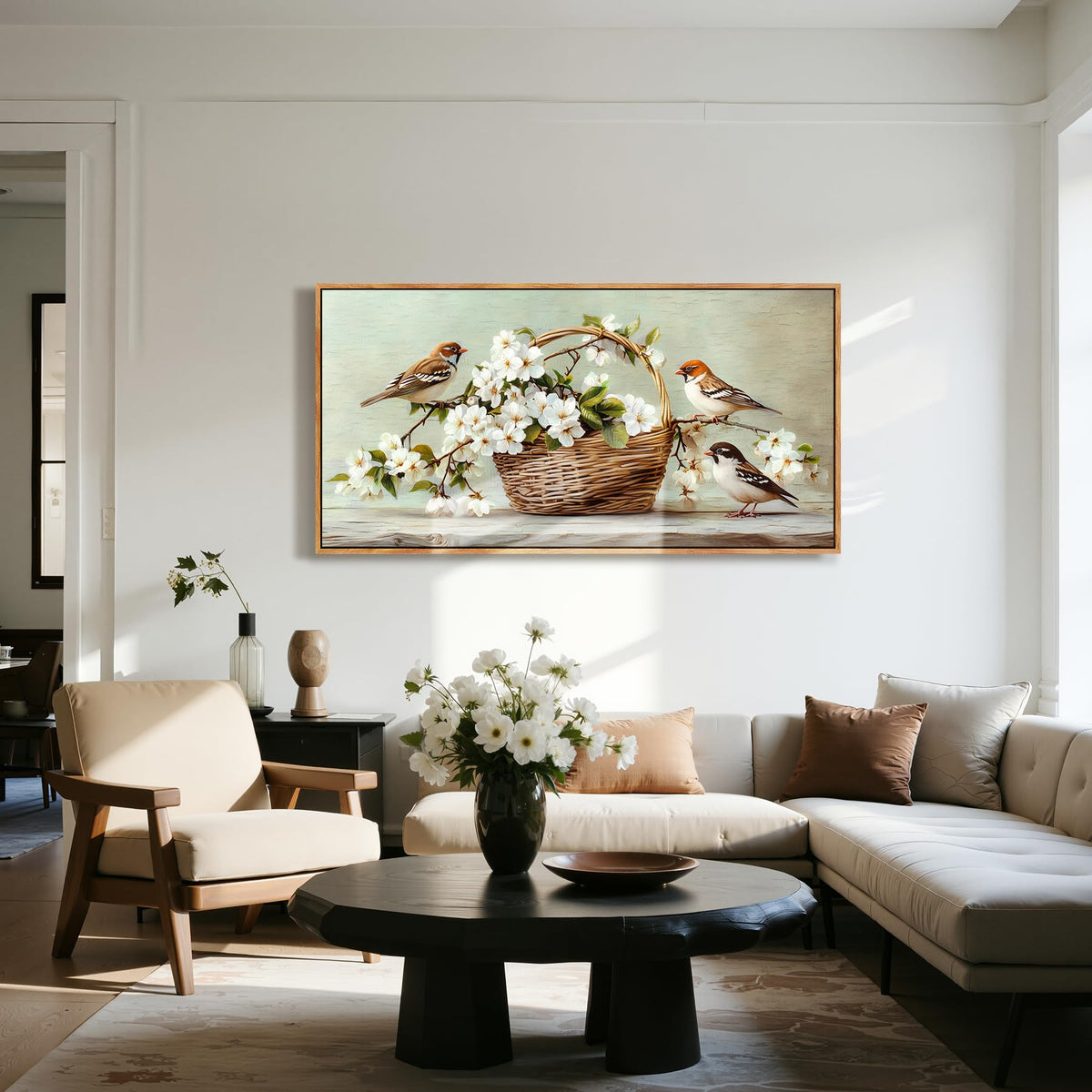 Vintage Still Life Large Framed Wall Art Spring Flower Birds Decor (Sparrows Flowers / 48"L x 24"W)