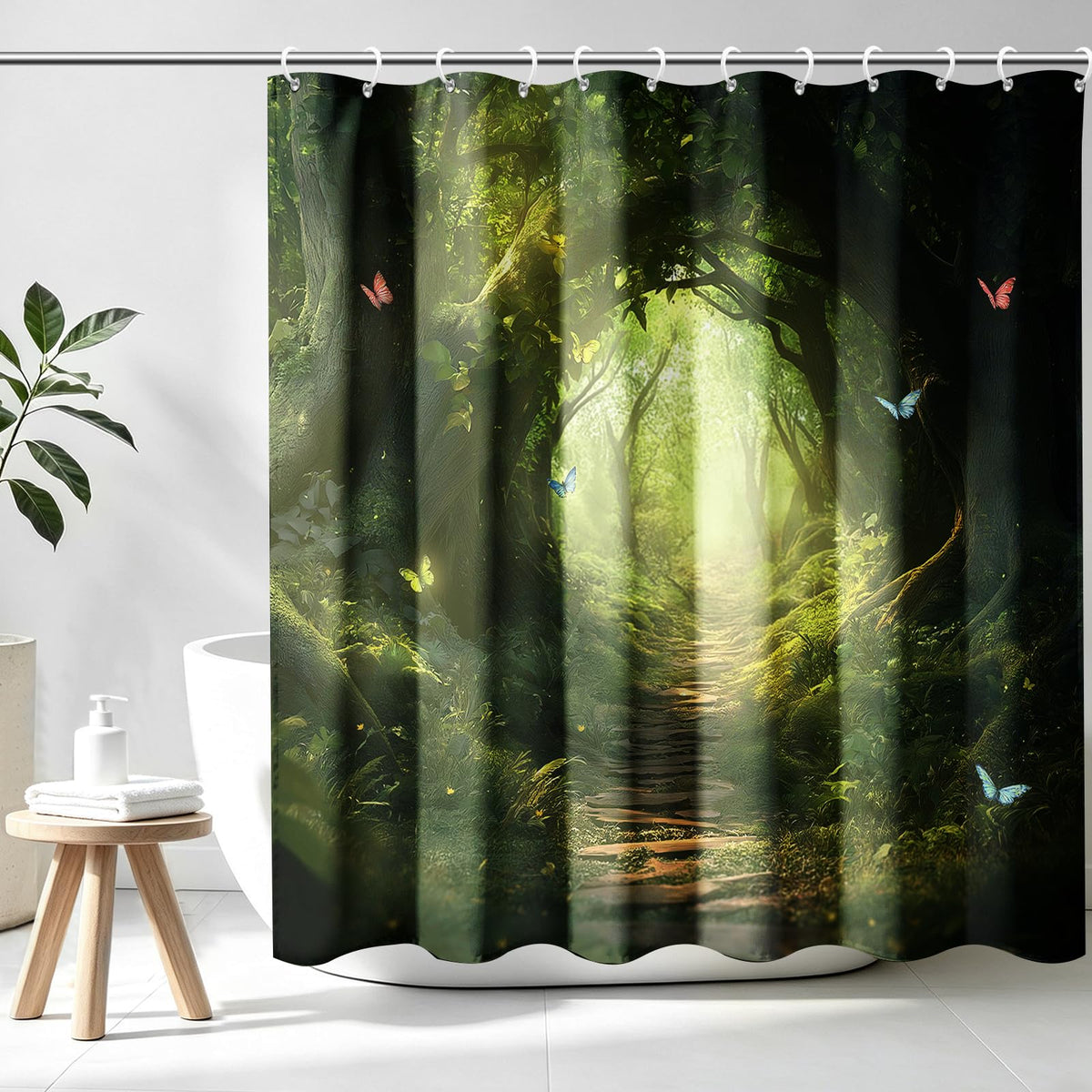 Enchanted Forest Shower Curtain Magical Woodland Path Sun Rays Butterfly Wildflower Garden Aesthetic Fantasy Bathroom Decor Bathtub Curtain Fabric Shower Curtain Set with 12 Hooks (Enchanted Forest Path / 72"W x 72"L (Pack of 1))