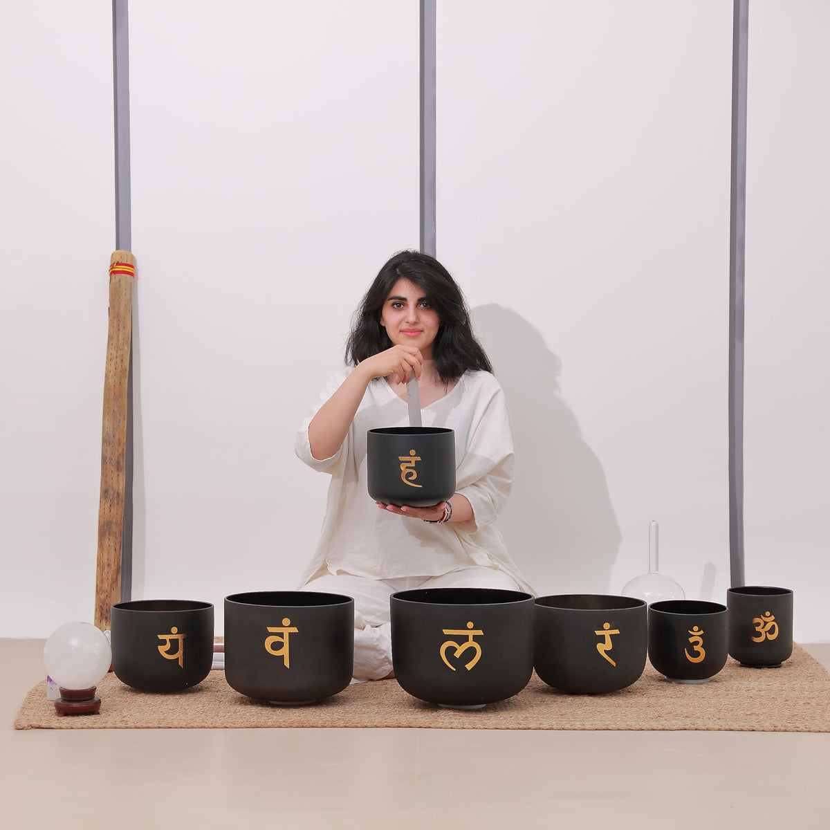 6 12 inch Chakra Set of 7 Golden Sanskrit Black Crystal Singing Bowls with Heavy Duty Carrying Case and Singing Bowl Mallets (6-12 inch / Set of 7 Sanskrit Black)