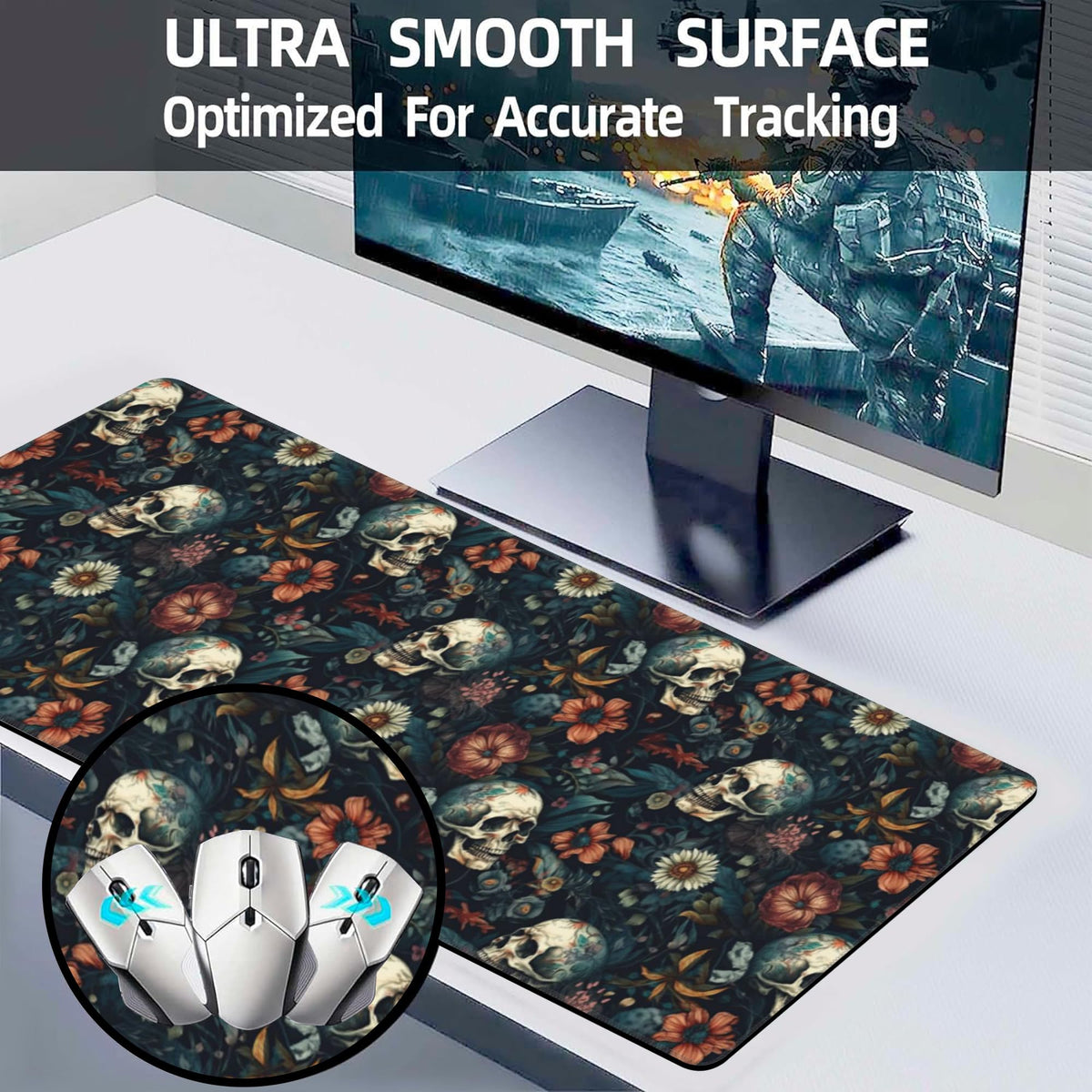 Desk Mat Skulls with Flowers Large Gaming Mouse Pad XL (11.8" x 31.5" / Skulls With Flowers)
