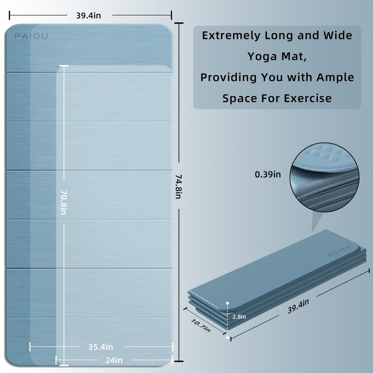 Foldable Yoga Mat 10MM Thick 75‘’x40‘“ Quick Fold Easy Storage (Blue Gray)