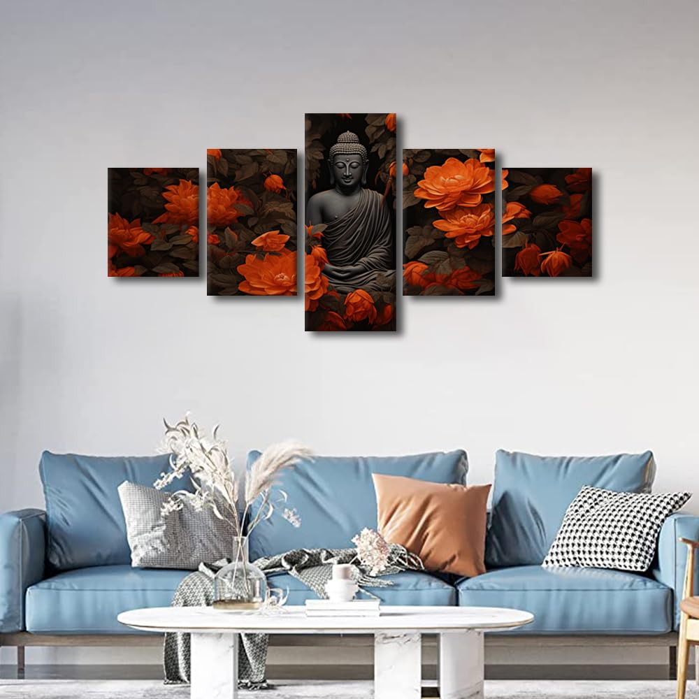 Wall Canvas Art Decor Black Background Buddha Painting Art Modern 5 Panel Living Room Poster Buddha Statue Surrounded By Flowers Picture for Bedroom Wall Decor Stretched Ready to Hang 50x24 in (50x24 in / 5PANEL-05)