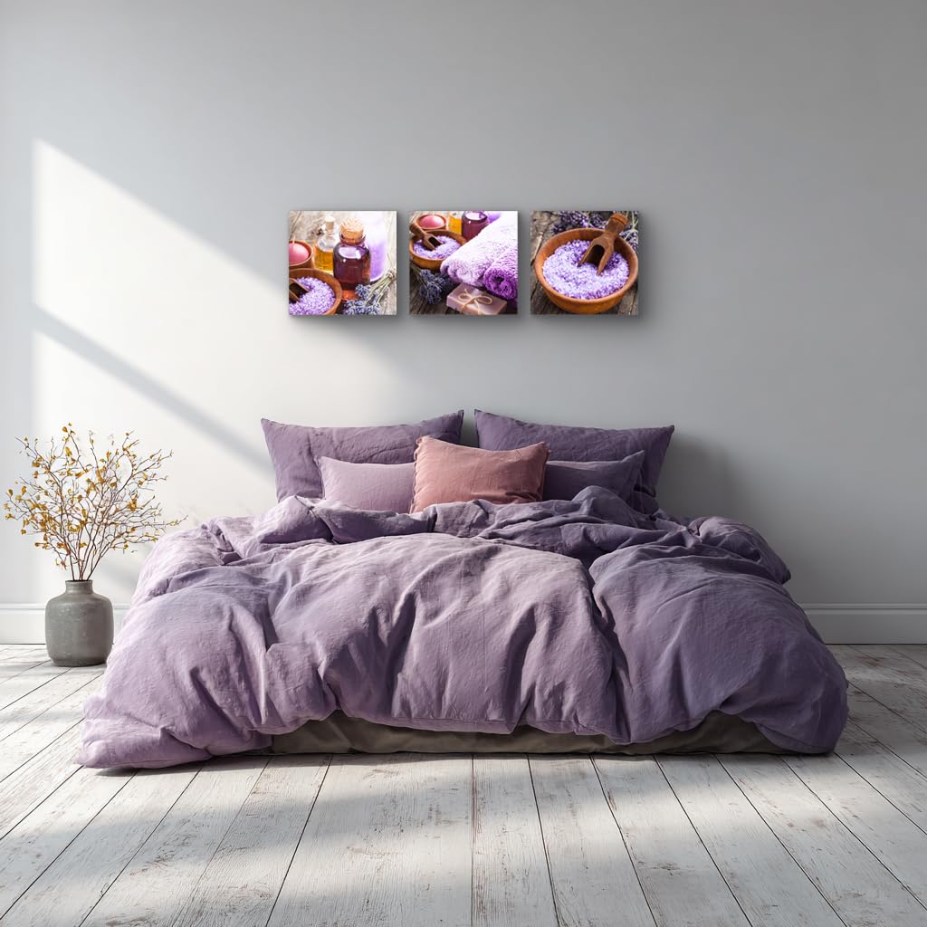 3Pcs Lavender Spa Canvas Wall Art Purple Bath Salts Essential Oil Bottles Still Life Prints Rustic Farmhouse Aromatherapy Decor for Bathroom Bedroom Spa Room Ready to Hang (14X14inchX3pcs / Purple Zen)