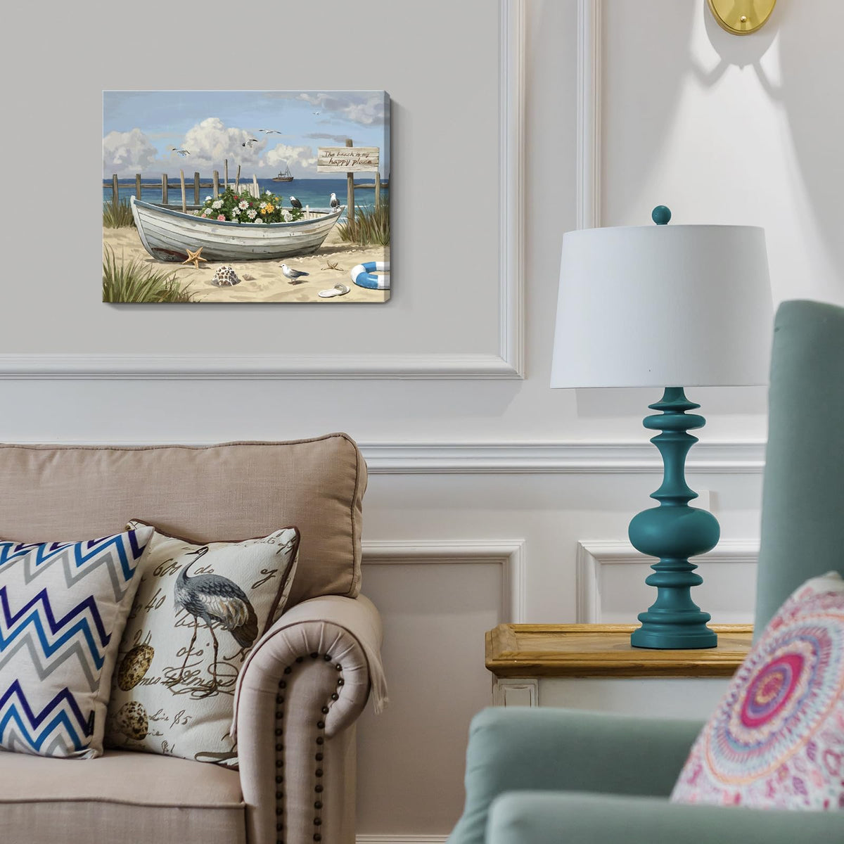Coastal Wall Art (Blue Beach Boat Wall Art / 16"L x 12"W)