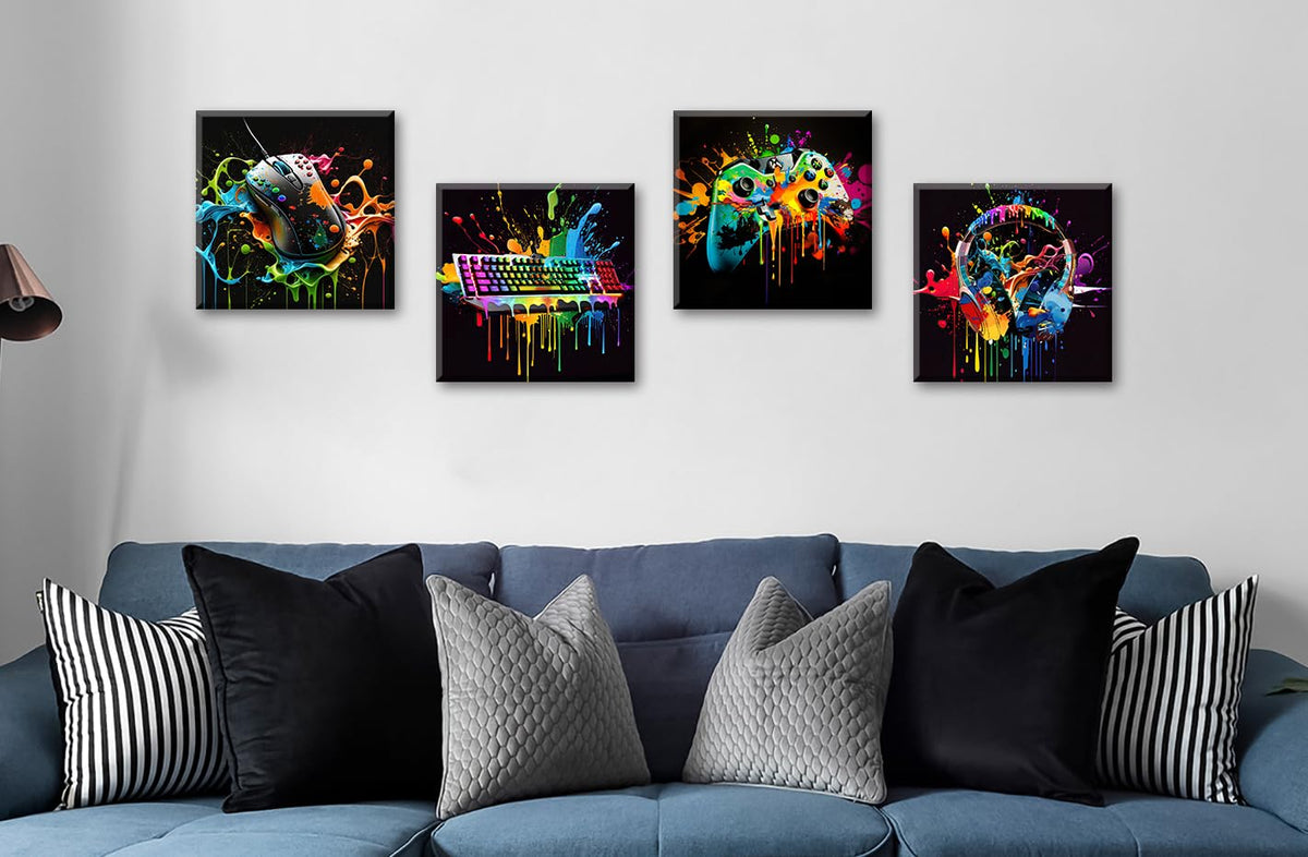 Gamer Room Decor for Boys Wall Art Canvas Print 12"X12"X4 Panels (12"L x 12"W / game)