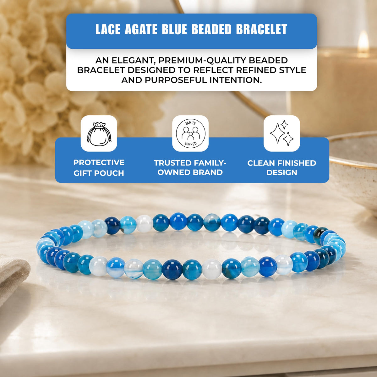 Lace Agate Blue Bracelet 4mm Beaded Bracelet (Lace Agate Blue / Medium)