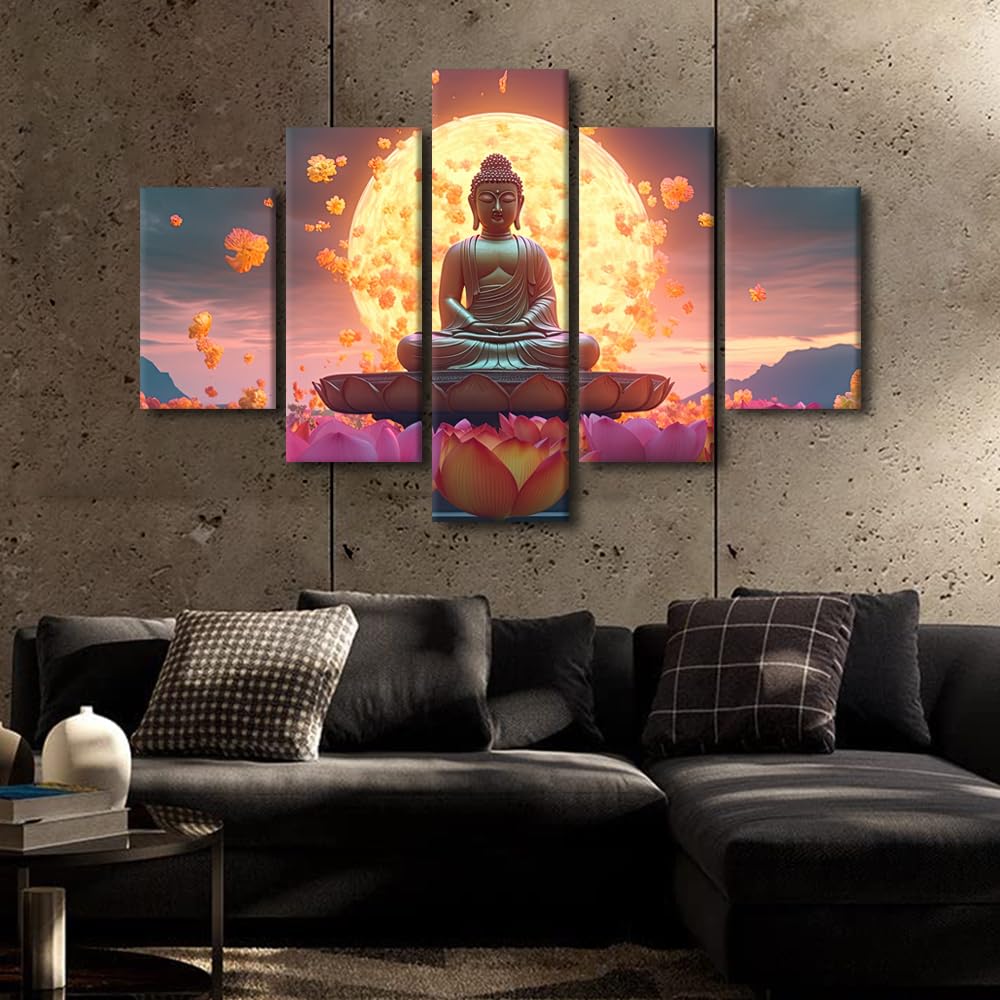 Buddha Canvas Wall Art Modern 5 Panel Living Room Decor Buddha Statue in Meditation on Lotus Flower Poster Prints on Canvas for Lady Bedroom Decoration Stretched and Framed Ready to Hang 60x40 in (60x40 in / 5PANEL-04)