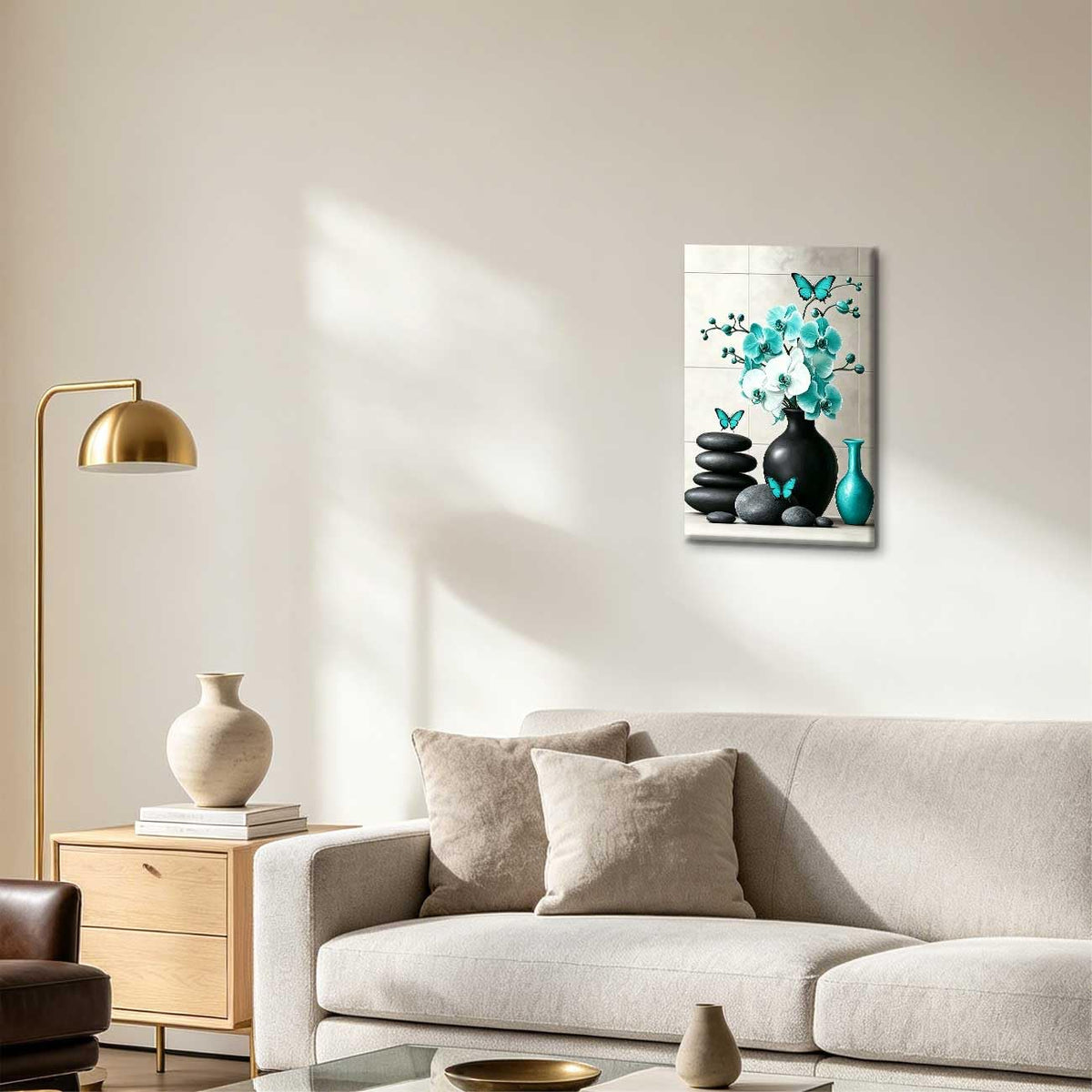Orchid Flower Canvas Wall Art Zen Bathroom Pictures Prints Spa Stone Butterfly Wall Decor Black White Yoga Meditation Paintings for Living Room Bedroom (Teal / 20"L x 16"W)