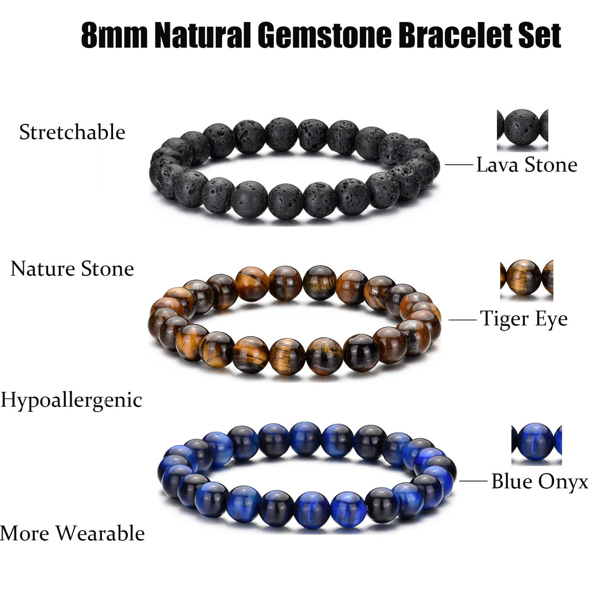 Tiger Eye Bracelet For Men 8MM Natural Stone Beads Bracelet Set Stretch Lava Rock Bracelets Adjustable Black Crystal Beaded Bracelet for Men Women Gifts (3,lava rock,tiger eye,blue)