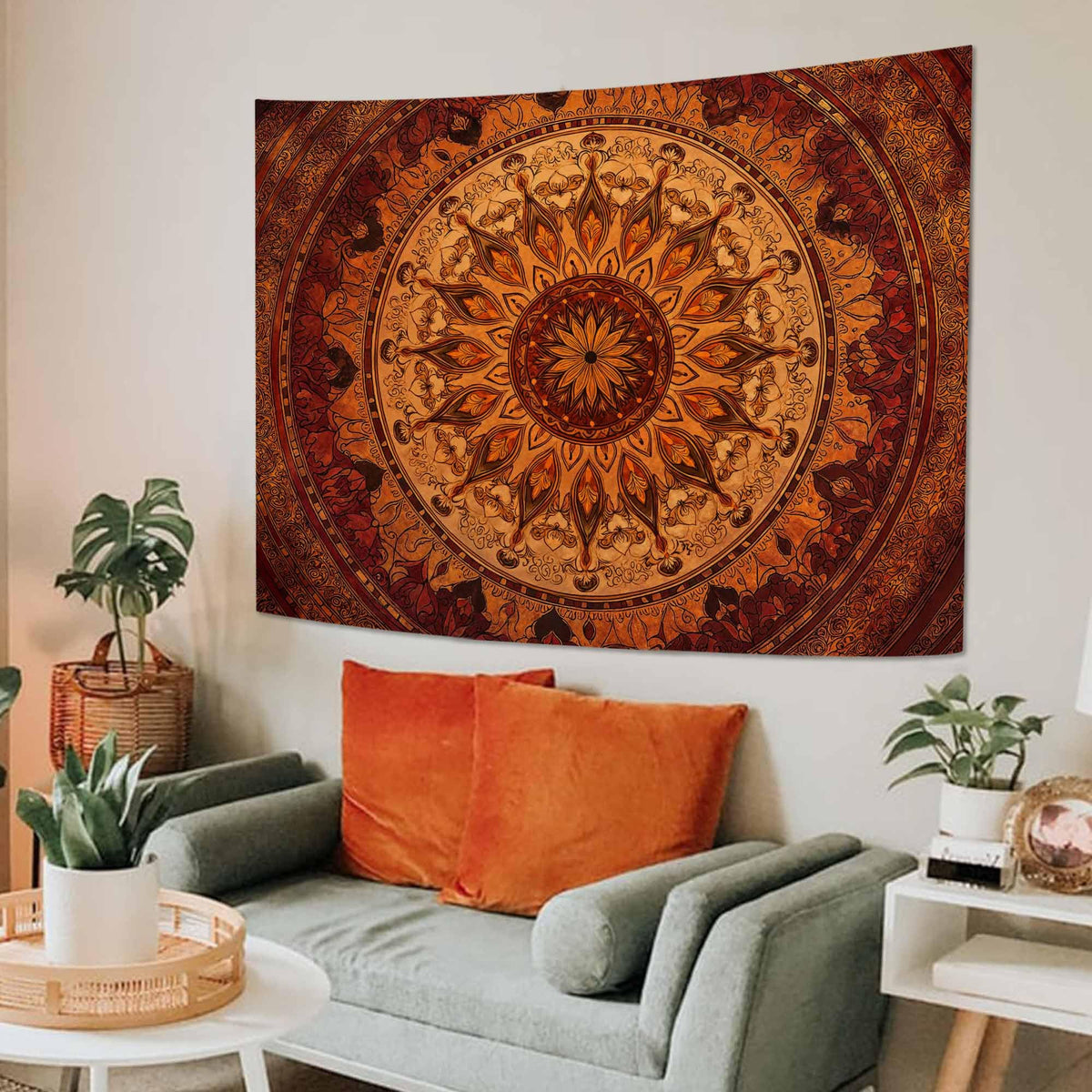 Warm Tone Floral Mandala Tapestry (90"L x 70"W / Black)