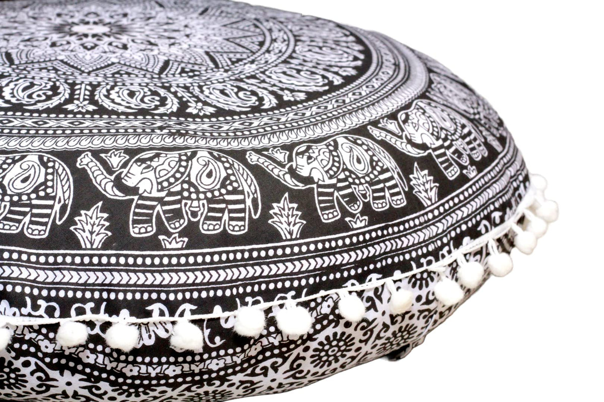 32" Large Round Bohemian Floor Pillow Cover Boho Pouf Cover Mandala Meditation Room Pillows Cover Adults Seating Poufs Cushion Cover for Kids Reading Playroom Black Elephant Flower (Black and White Elephant)