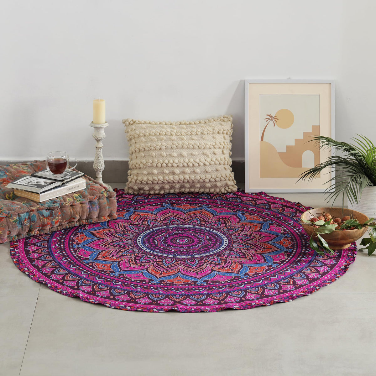 Round tapestry Indian Ombre Mandala Roundie Beach Throw Tapestry wall hanging Hippy Boho Gypsy Cotton Tablecloth Yoga Sheet 50" Purple (Barmeri Purple / 50"L x 50"W)