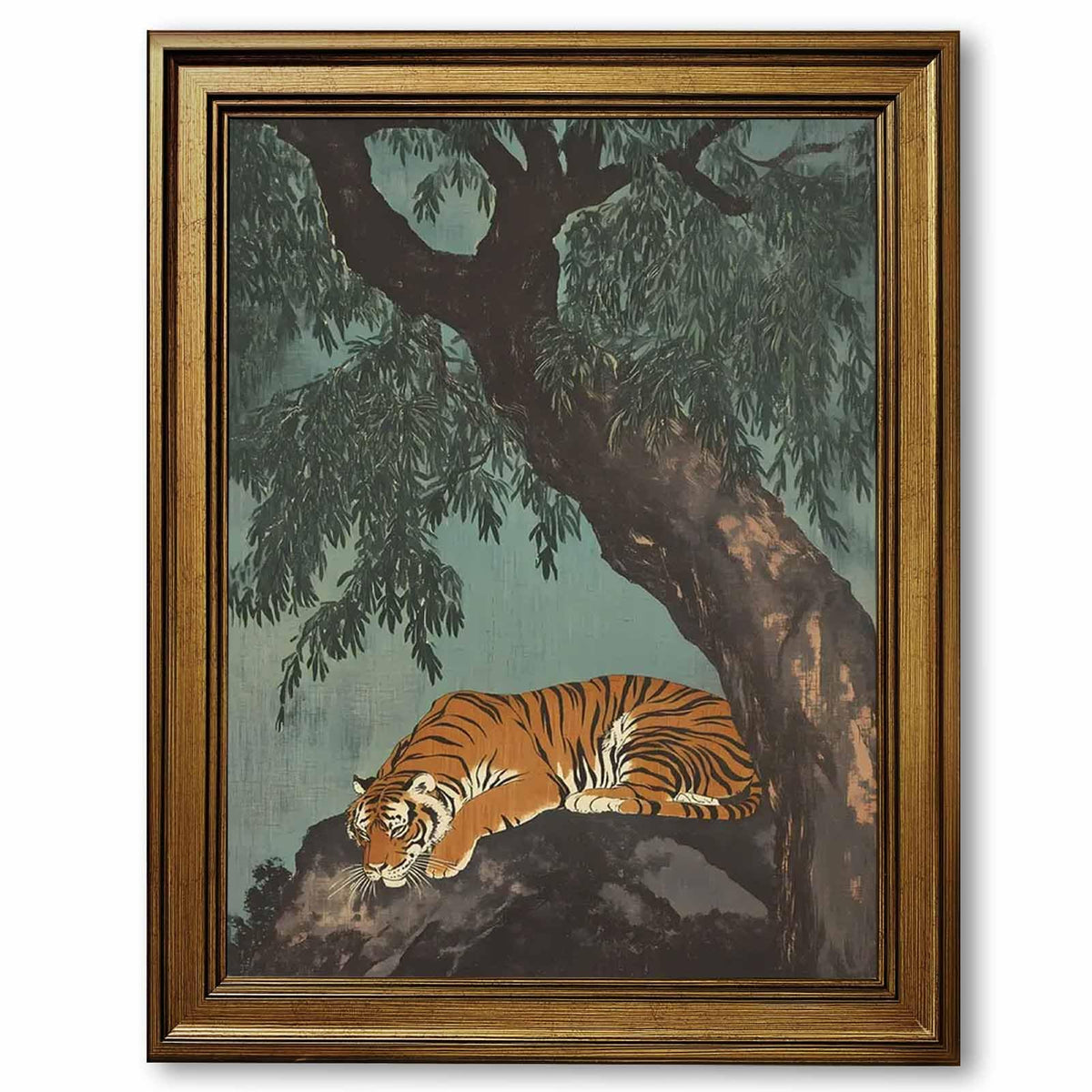 Gold Framed Vintage Tiger Wall Art Prints Retro Oriental Landscape Poster Asian Style Wildlife Canvas Painting Lazy Zen Tiger Under Ancient Tree Picture Artwork for Bedroom Home Decor 24x36inch (24"L x 36"W / Sleeping Tiger)