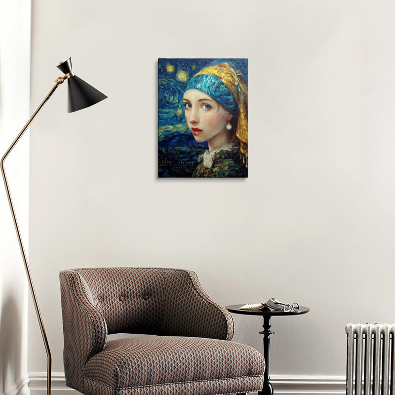 Van Gogh Starry Night Girl with Pearl Earring Canvas Wall Art Framed Painting Masterpiece Fusion Portrait Blue Gold Turban Swirling Background Wall Decor Artwork for Living Room Study 12x16 Inches (Starry Night Girl / 16"L x 12"W)
