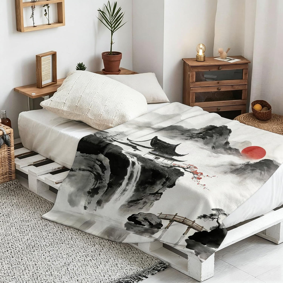 Japanese Nature Landscape Throw Blanket Zen Cozy Soft Plush Flannel 50"X60" (Japanese Nature / 50"X60")