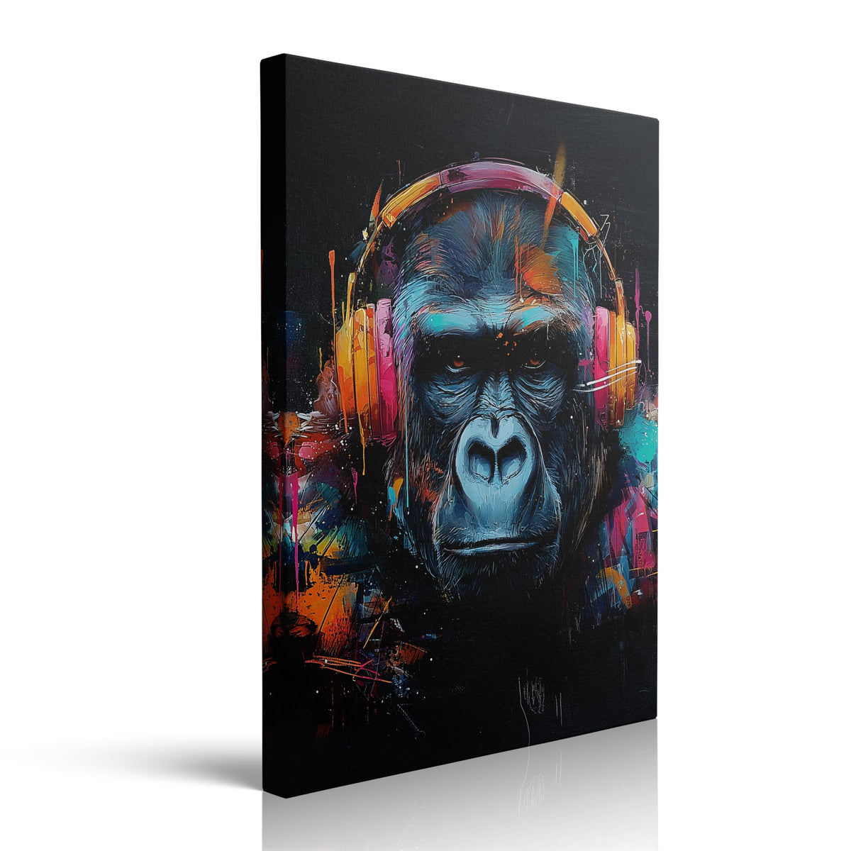 Urban Pop Art Gorilla Canvas Wall Art Framed Print Poster Graffiti Style with Colorful Headphones Neon Splash Bold Contemporary Wall Decor Artwork for Gaming Room Men 16x24 Inches (gorilla / 24"L x 16"W)