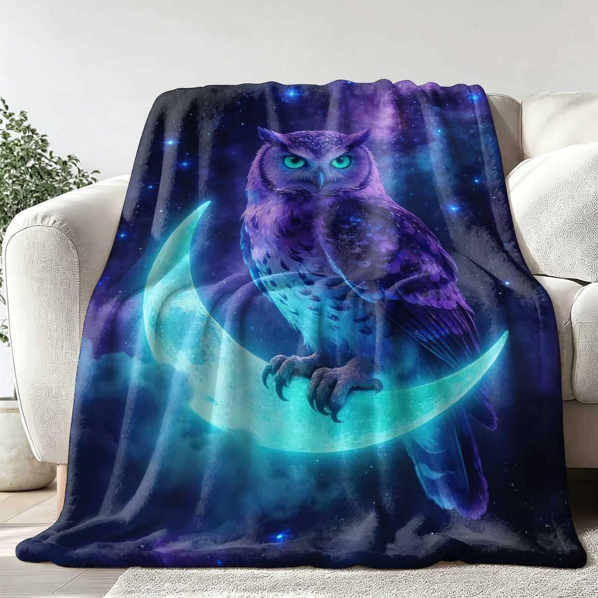 Owl Throw Blanket Fantasy Moon Starry Sky Animal Cozy Plush Flannel 30"X40" (Owl / 30"X40")